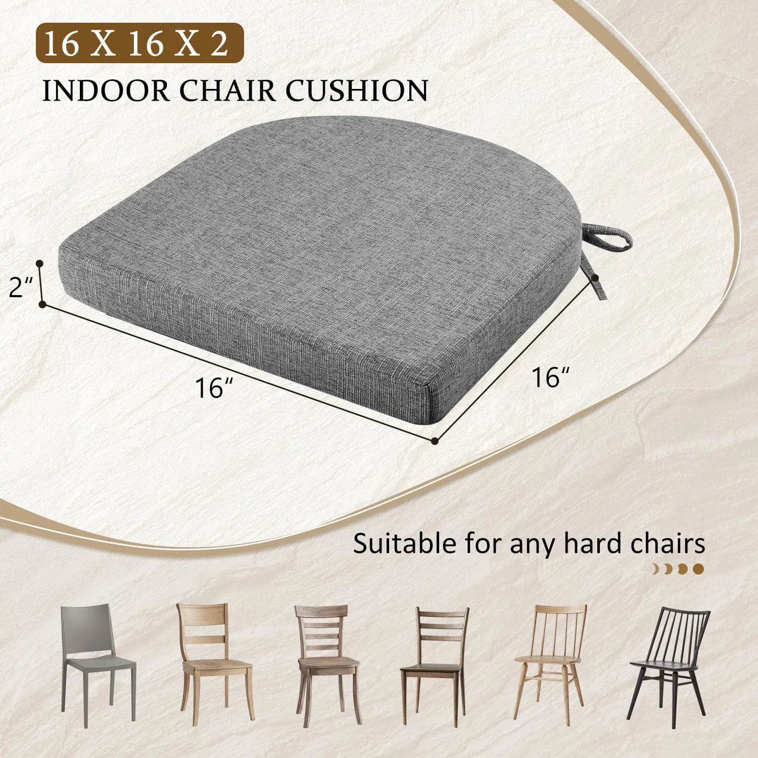 LOVTEX Chair Cushions for Dining Chairs 4 Pack - Memory Foam Chair Pads with Ties and Non-Slip Backing - Seat Cushion for Kitchen Chair 16x16x2, Dark Gray