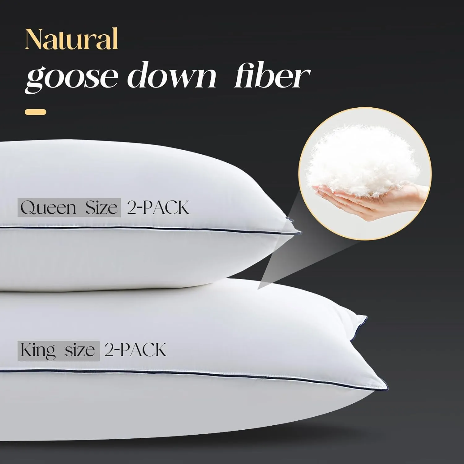 Luxurious Goose Down Bed Pillows Queen Size Set of 2, Hotel Collection Pillows Designed for Deep Sleep, Soft and Supportive Filling for Side, Back Sleepers 20" x 30"