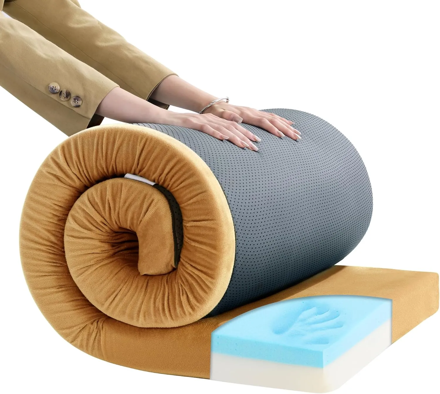 MABOZOO Memory Foam Camping Mattress Pad Waterproof Portable Sleeping Mats Roll Up Mattress Guest Bed 3 Inch Thick Washable Velvet Cover Floor Camping Cot for Car Truck Outdoor Tent