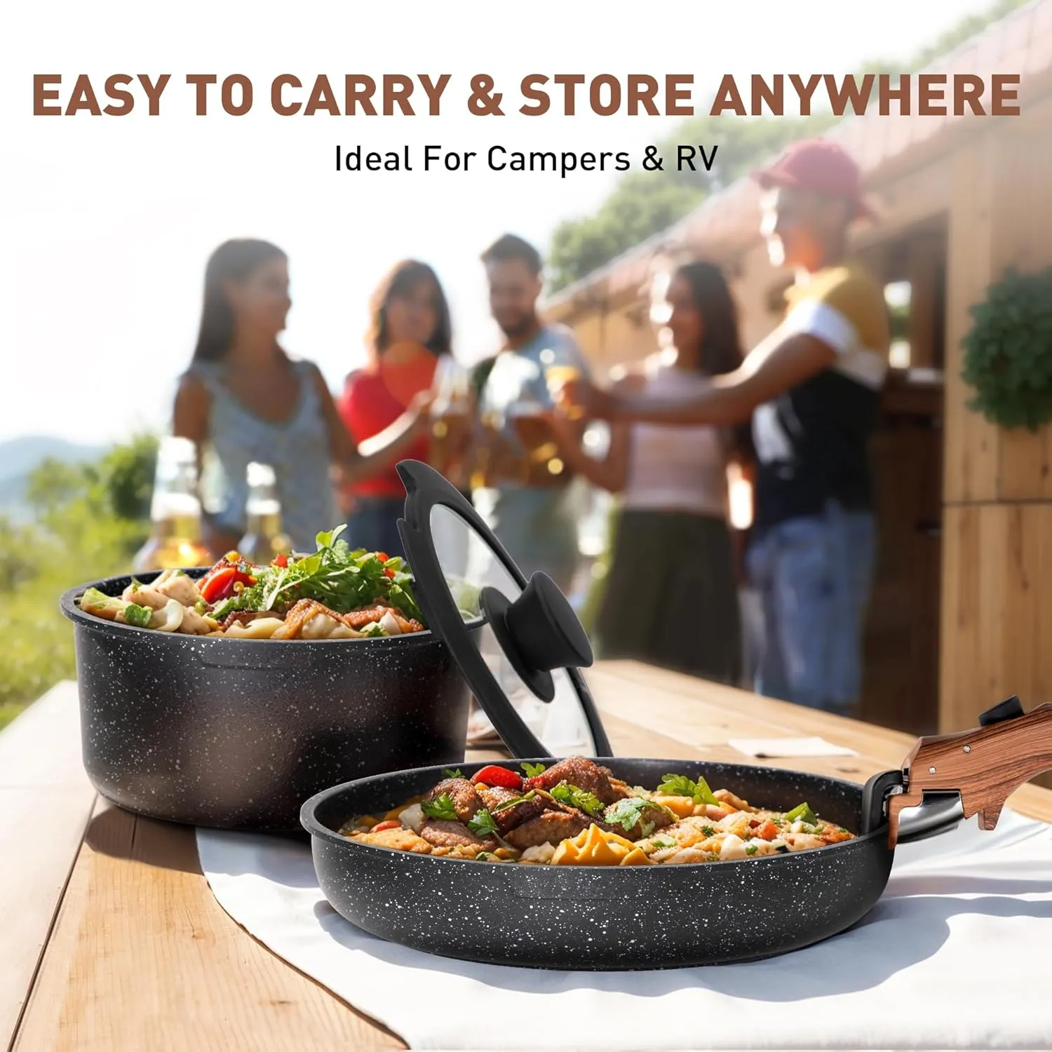 MAISON ARTS Detachable Handle Pots and Pans Set, 10 Piece Nonstick Black Granite Cooking Pot, Stackable Induction Cookware Sets, Ideal for Camping and RVs