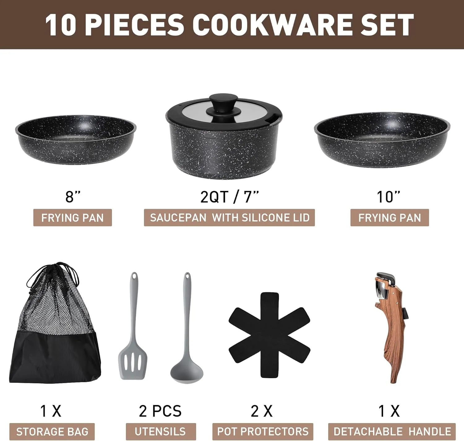 MAISON ARTS Detachable Handle Pots and Pans Set, 10 Piece Nonstick Black Granite Cooking Pot, Stackable Induction Cookware Sets, Ideal for Camping and RVs