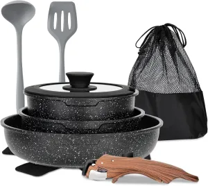 MAISON ARTS Detachable Handle Pots and Pans Set, 10 Piece Nonstick Black Granite Cooking Pot, Stackable Induction Cookware Sets, Ideal for Camping and RVs