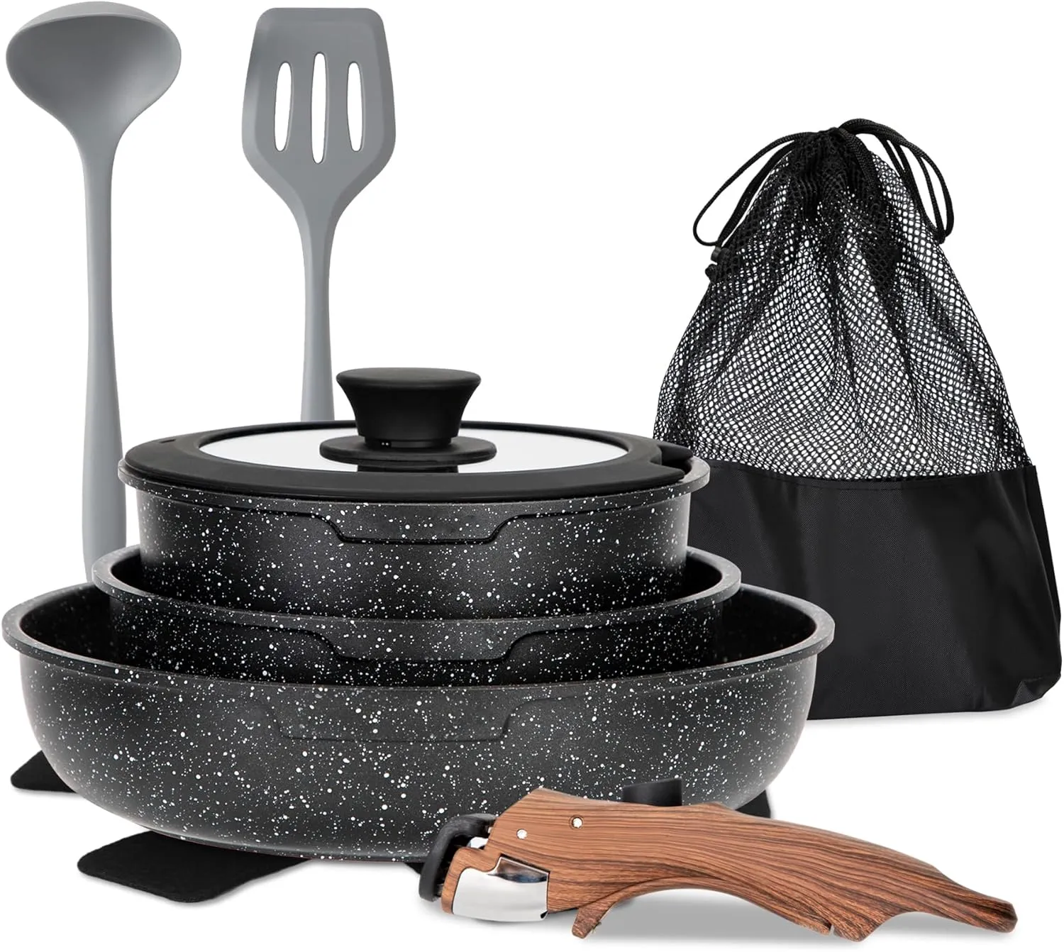 MAISON ARTS Detachable Handle Pots and Pans Set, 10 Piece Nonstick Black Granite Cooking Pot, Stackable Induction Cookware Sets, Ideal for Camping and RVs