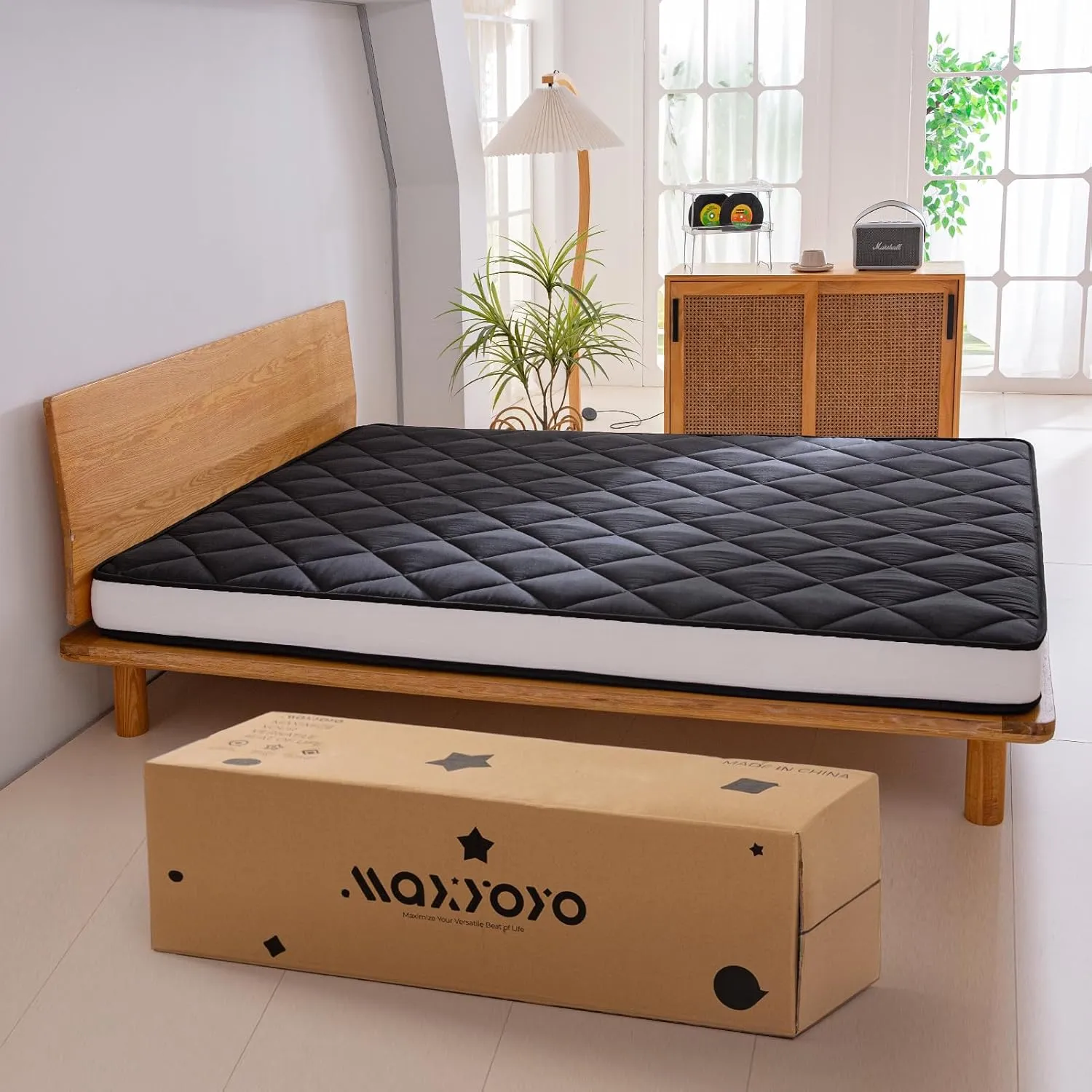 MAXYOYO 6" Extra Thick Futon Floor Mattress, Full Size Diamond Pattern Tatami Pad for Adults, Japanese Roll Up Guest Bed, Black