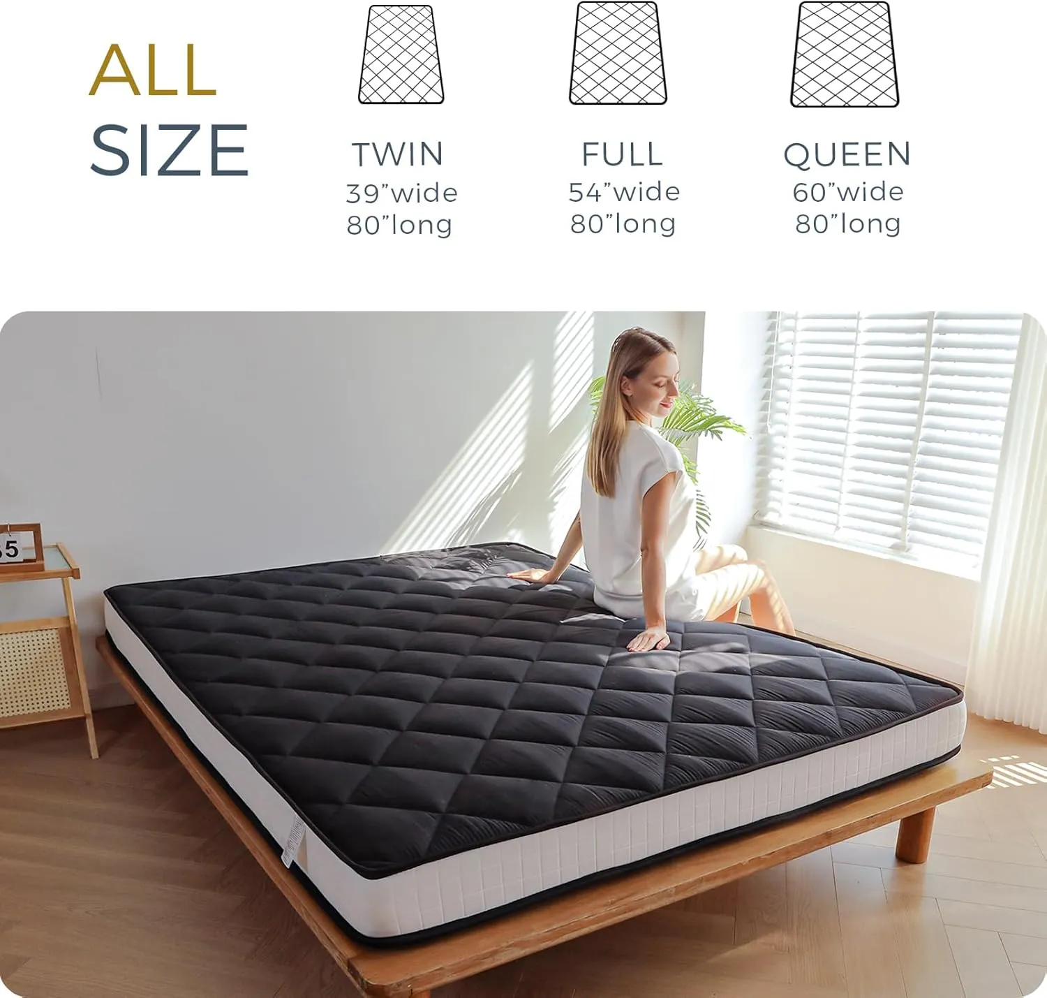 MAXYOYO 6" Extra Thick Futon Floor Mattress, Full Size Diamond Pattern Tatami Pad for Adults, Japanese Roll Up Guest Bed, Black