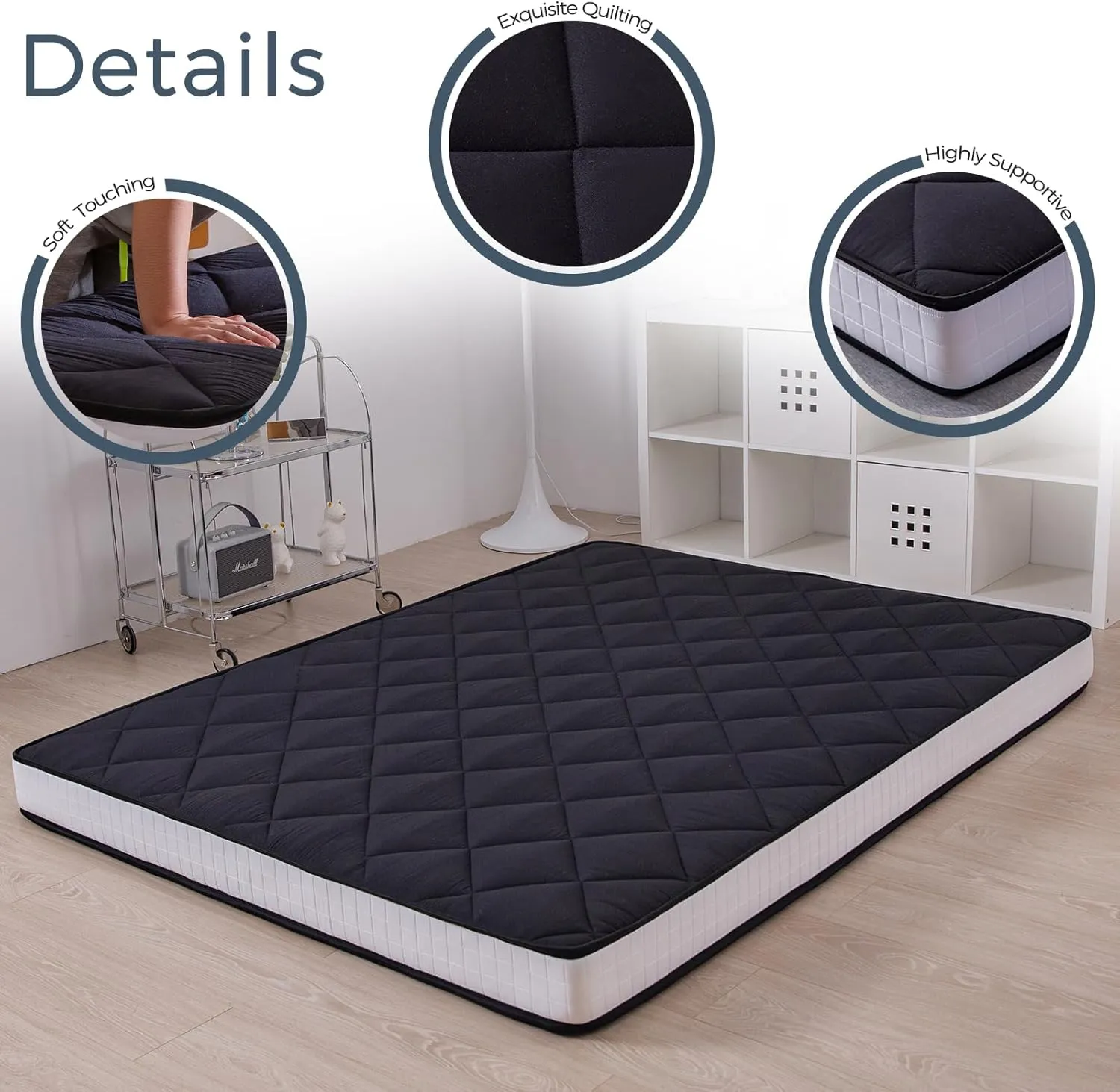 MAXYOYO 6" Extra Thick Futon Floor Mattress, Full Size Diamond Pattern Tatami Pad for Adults, Japanese Roll Up Guest Bed, Black