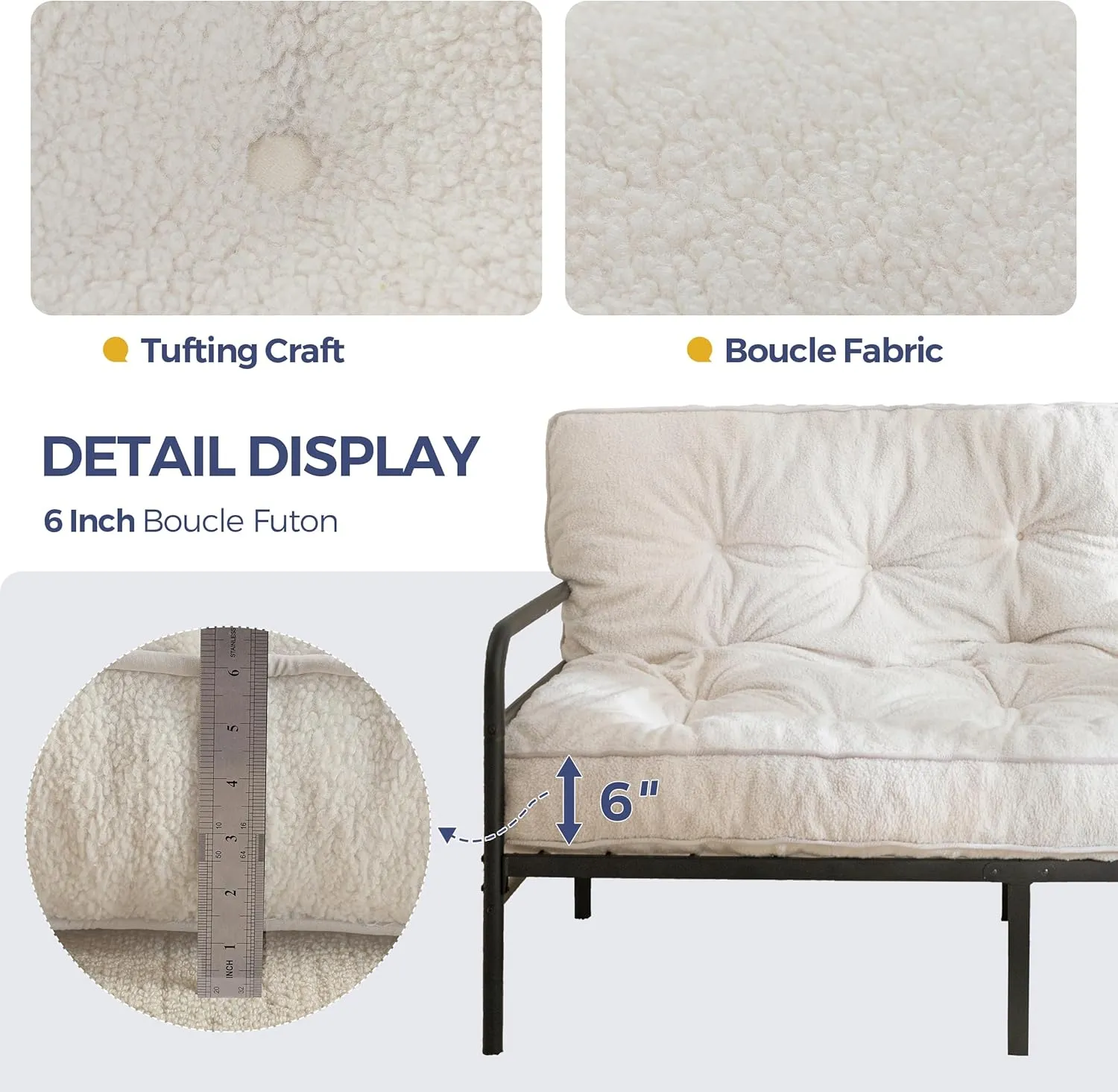 MAXYOYO 6" Futon Mattress Full Size, Thick Boucle Futons Sofa Couch Bed Sleeper Sofa Bed Floor Mattress for Adults, Shredded Foam Filling (Frame Not Included), Beige