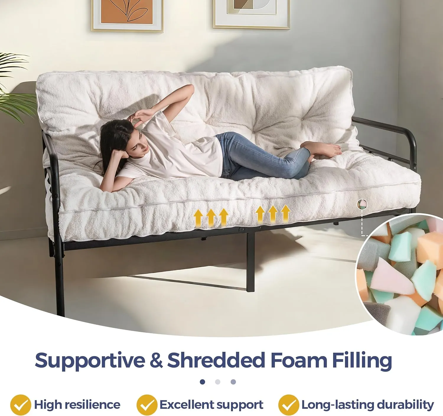 MAXYOYO 6" Futon Mattress Full Size, Thick Boucle Futons Sofa Couch Bed Sleeper Sofa Bed Floor Mattress for Adults, Shredded Foam Filling (Frame Not Included), Beige