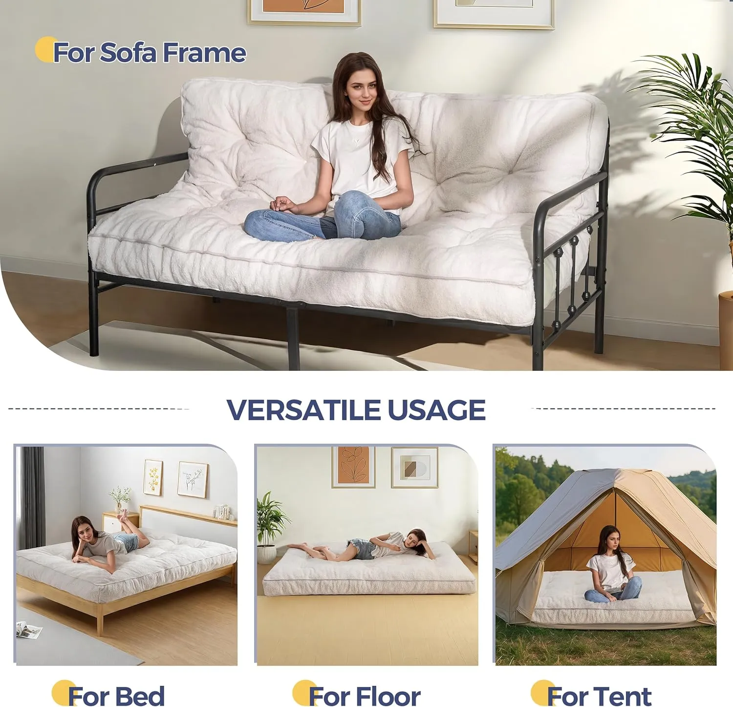 MAXYOYO 6" Futon Mattress Full Size, Thick Boucle Futons Sofa Couch Bed Sleeper Sofa Bed Floor Mattress for Adults, Shredded Foam Filling (Frame Not Included), Beige