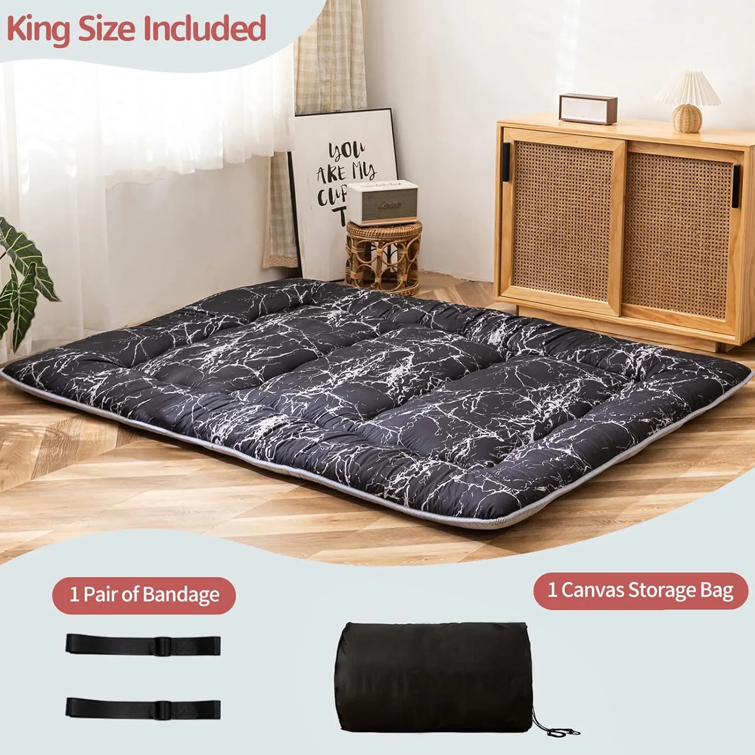 MAXYOYO Black Marble Printed Japanese Futon Floor Mattress, Thicken Sleeping Pad Floor Bed Roll Up Camping Mattress Folding Couch Bed Mattress Topper Guest Floor Mattress King