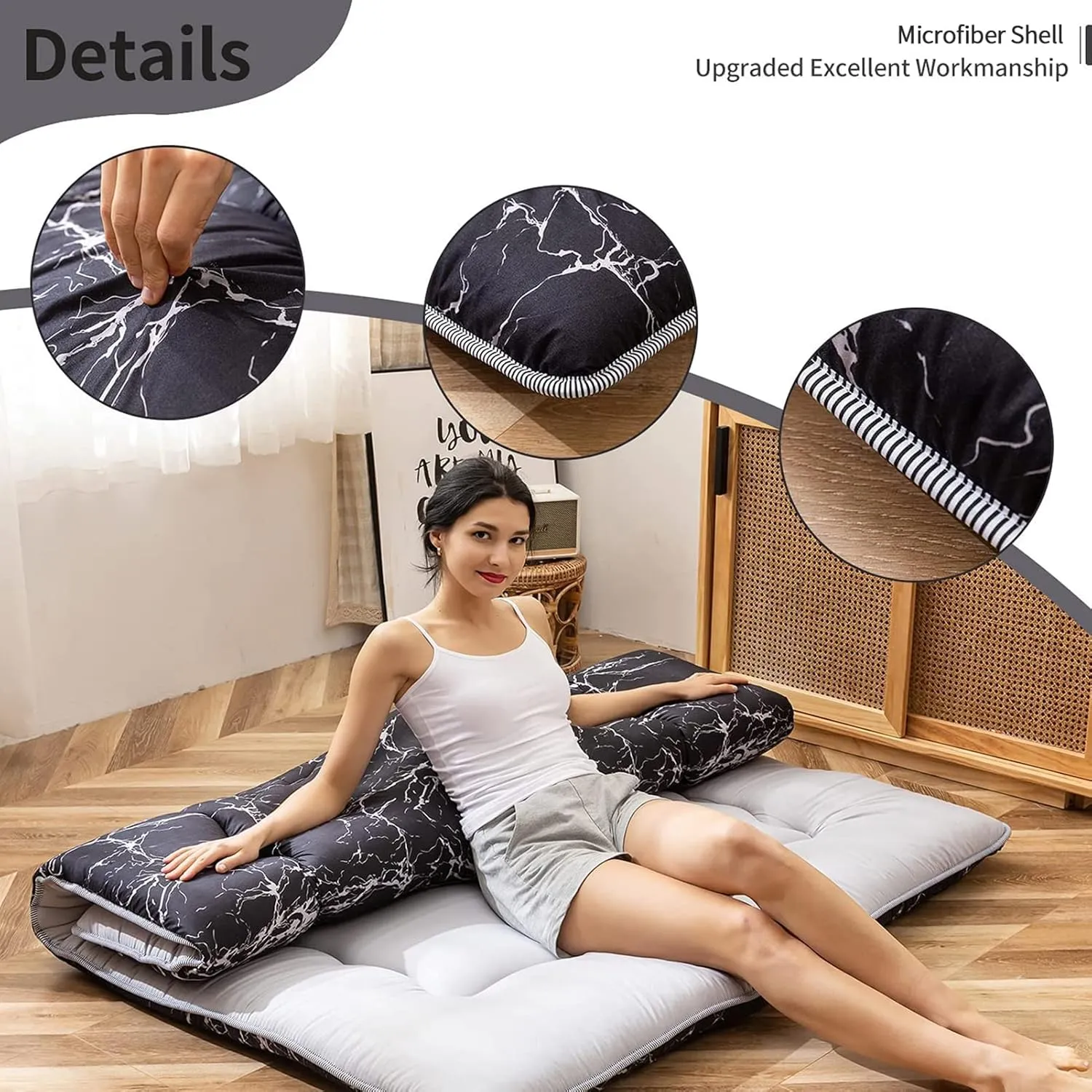 MAXYOYO Black Marble Printed Japanese Futon Floor Mattress, Thicken Sleeping Pad Floor Bed Roll Up Camping Mattress Folding Couch Bed Mattress Topper Guest Floor Mattress King