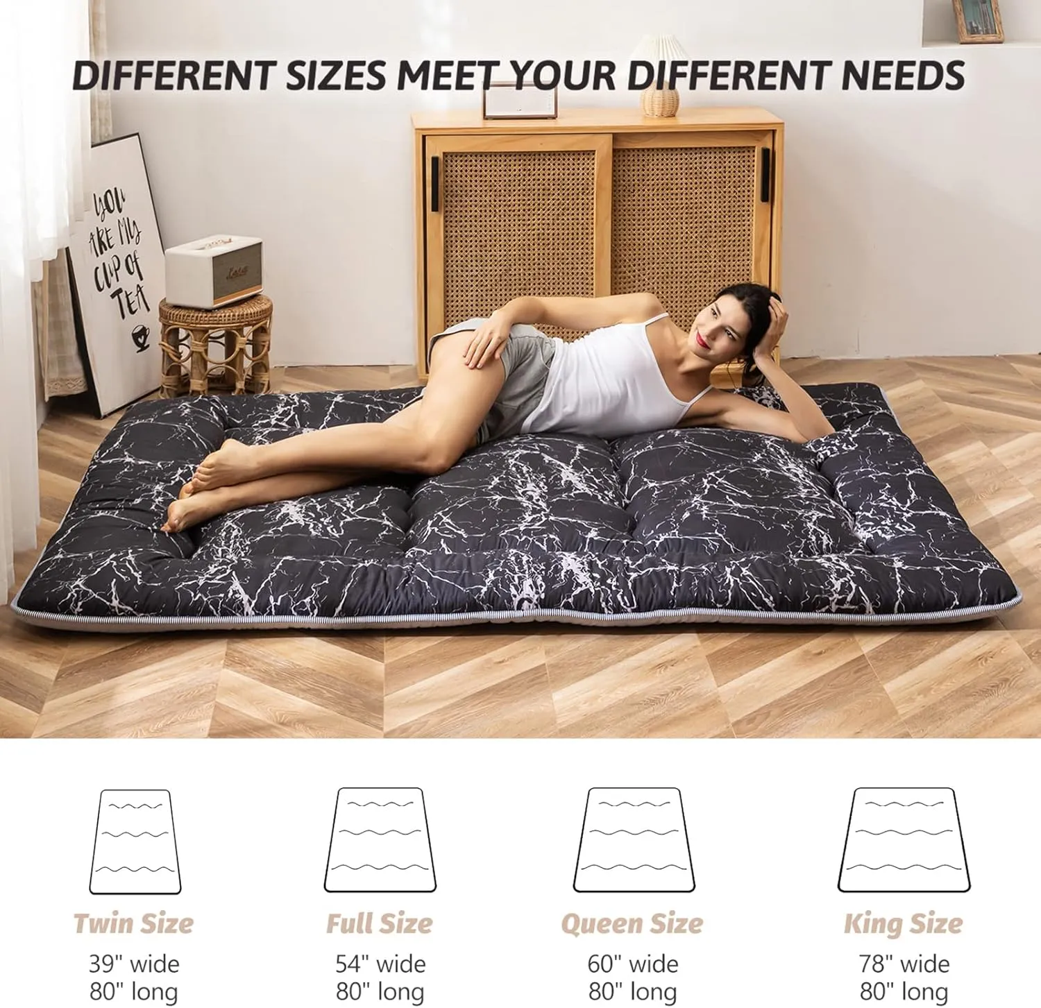 MAXYOYO Black Marble Printed Japanese Futon Floor Mattress, Thicken Sleeping Pad Floor Bed Roll Up Camping Mattress Folding Couch Bed Mattress Topper Guest Floor Mattress King