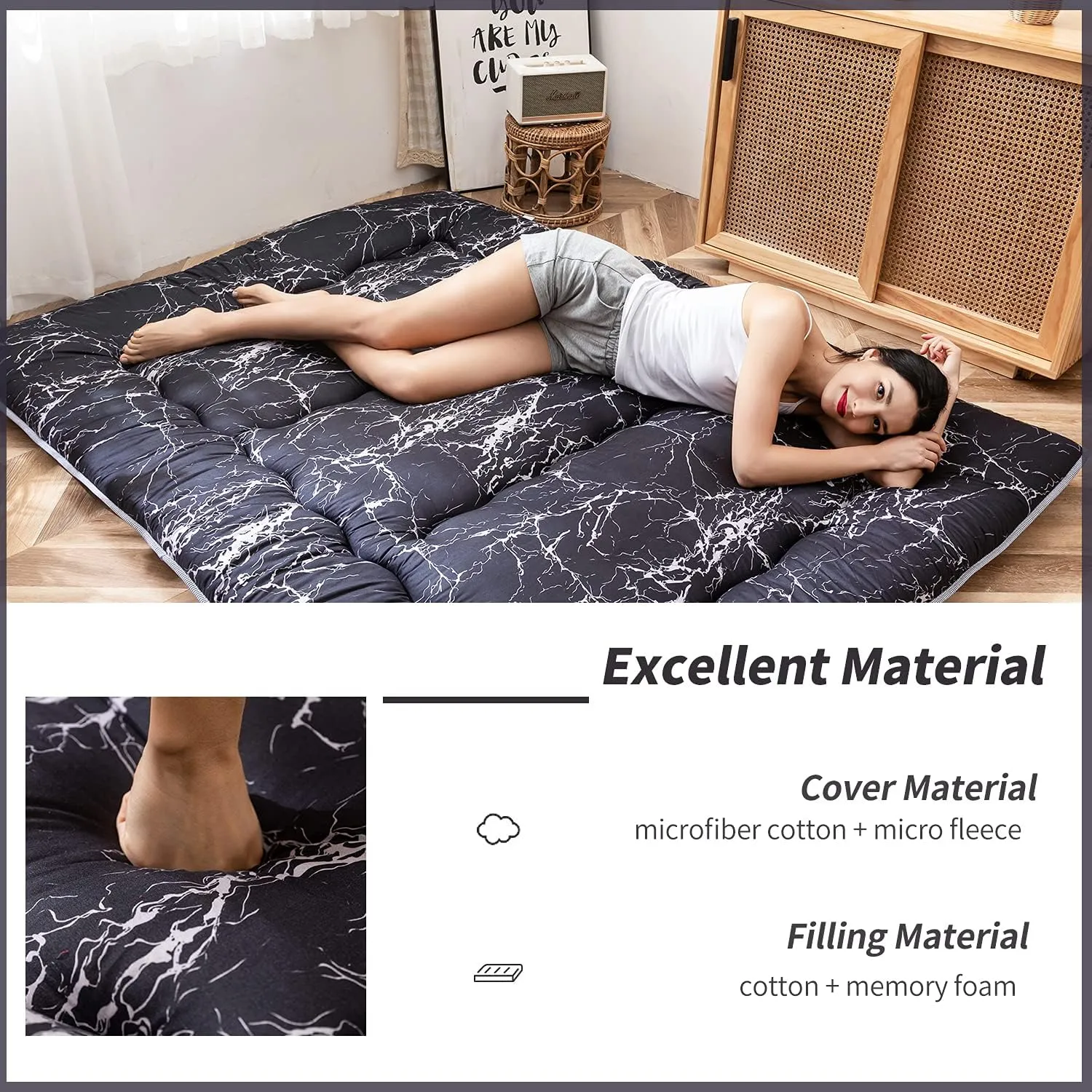 MAXYOYO Black Marble Printed Japanese Futon Floor Mattress, Thicken Sleeping Pad Floor Bed Roll Up Camping Mattress Folding Couch Bed Mattress Topper Guest Floor Mattress King