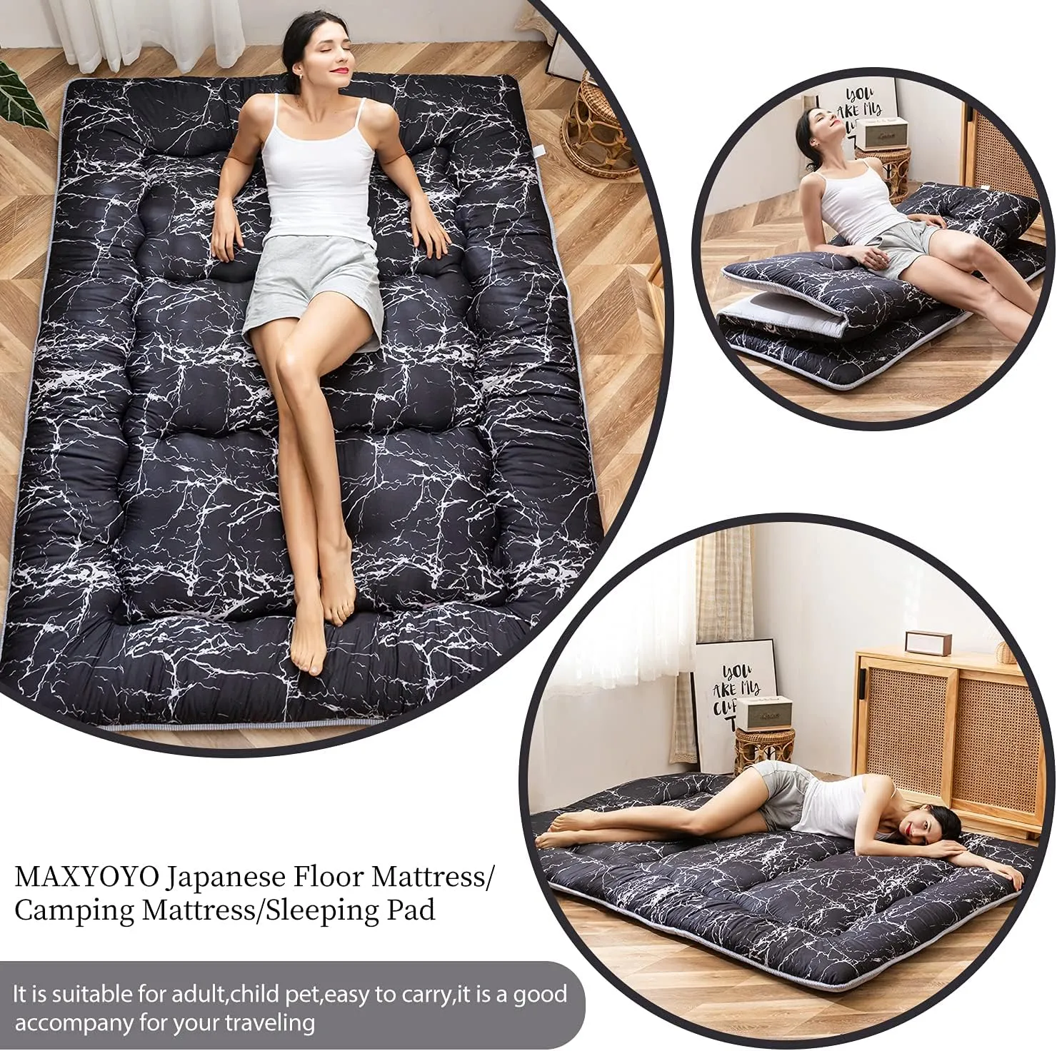MAXYOYO Black Marble Printed Japanese Futon Floor Mattress, Thicken Sleeping Pad Floor Bed Roll Up Camping Mattress Folding Couch Bed Mattress Topper Guest Floor Mattress King