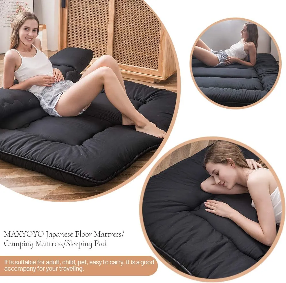 MAXYOYO Japanese Floor Mattress Futon Mattress, 4" Thicken Tatami Mat Sleeping Pad Foldable Roll Up Mat Boys Girls Dormitory Pad Kids Floor Lounger Pillow Bed, Black, Full