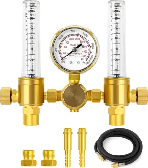 MEANLIN MEASURE Argon Regulator Flow Meter with 6.5 Feet Hose,CGA580 Inlet Connection,5/8" x 18RH Outlet Fitting,Dual Output Argon Welding Flowmeter for TIG MIG Welder