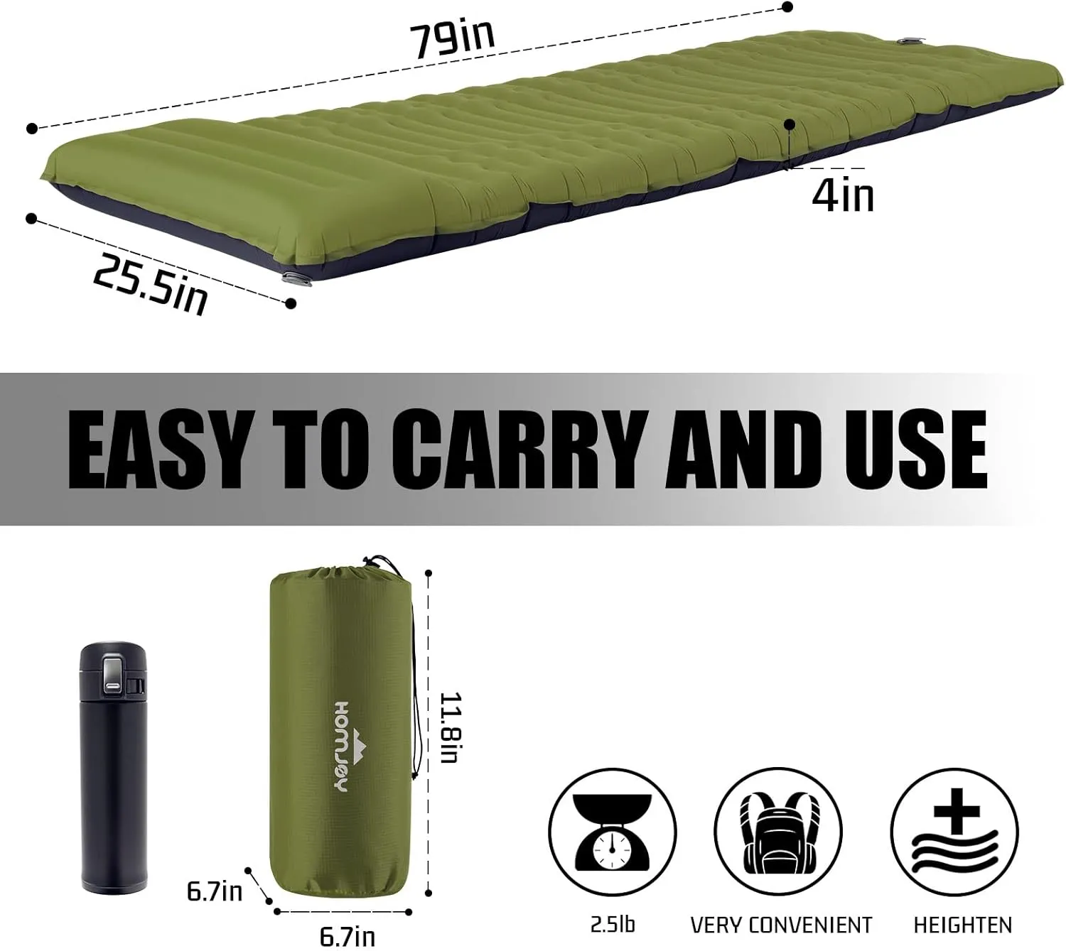 Megior Camping Sleeping Pad, Extra Thickness 4 Inch Inflatable Sleeping Mat Lightweight Waterproof Camping with Built-in Pump Air Mattress for Backpacking, Hiking, Tent, Traveling,Green