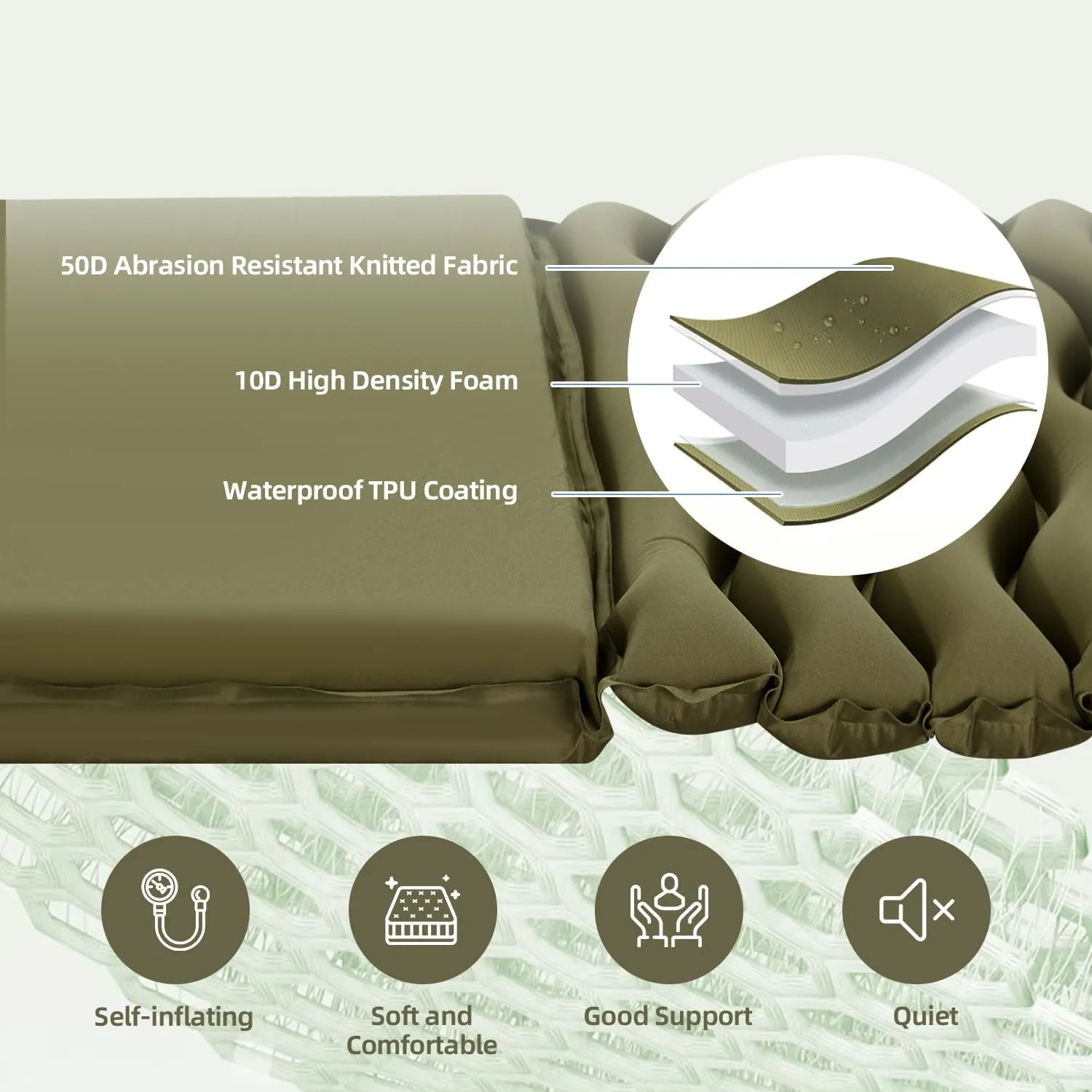 MELLCOM 2.5" Thick Self Inflating Sleeping Pad, Foam Camping Mattress with Storage Bag, Outdoor Inflatable Camping Mat for Car Camping, Hiking, Tent, Green