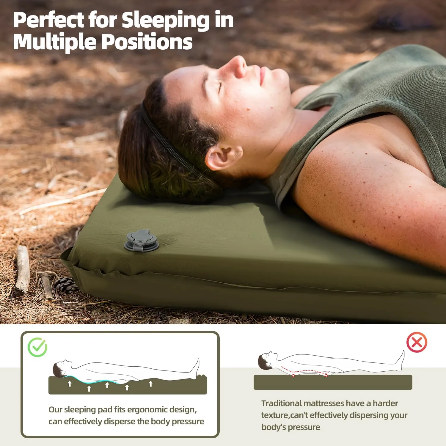 MELLCOM 2.5" Thick Self Inflating Sleeping Pad, Foam Camping Mattress with Storage Bag, Outdoor Inflatable Camping Mat for Car Camping, Hiking, Tent, Green