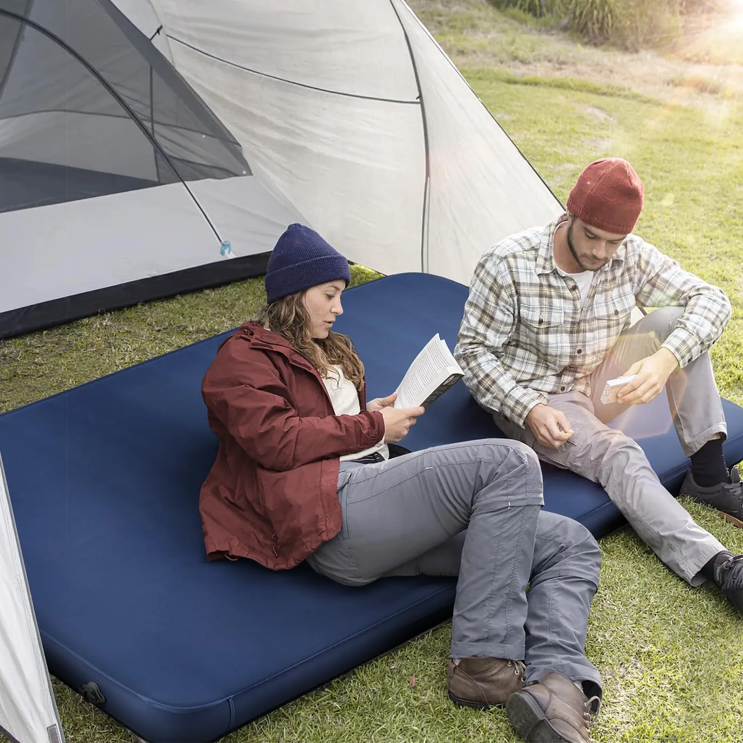 MELLCOM 4" Think Double Self Inflating Sleeping Pad, Foam Camping Mattress with Storage Bag, 4-Season Outdoor Inflatable Camping Mat for 2 Person, Car Camping, Traveling, Tent, Navy Blue