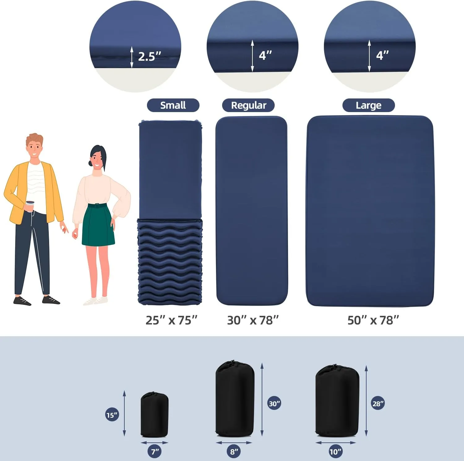 MELLCOM 4" Think Double Self Inflating Sleeping Pad, Foam Camping Mattress with Storage Bag, 4-Season Outdoor Inflatable Camping Mat for 2 Person, Car Camping, Traveling, Tent, Navy Blue