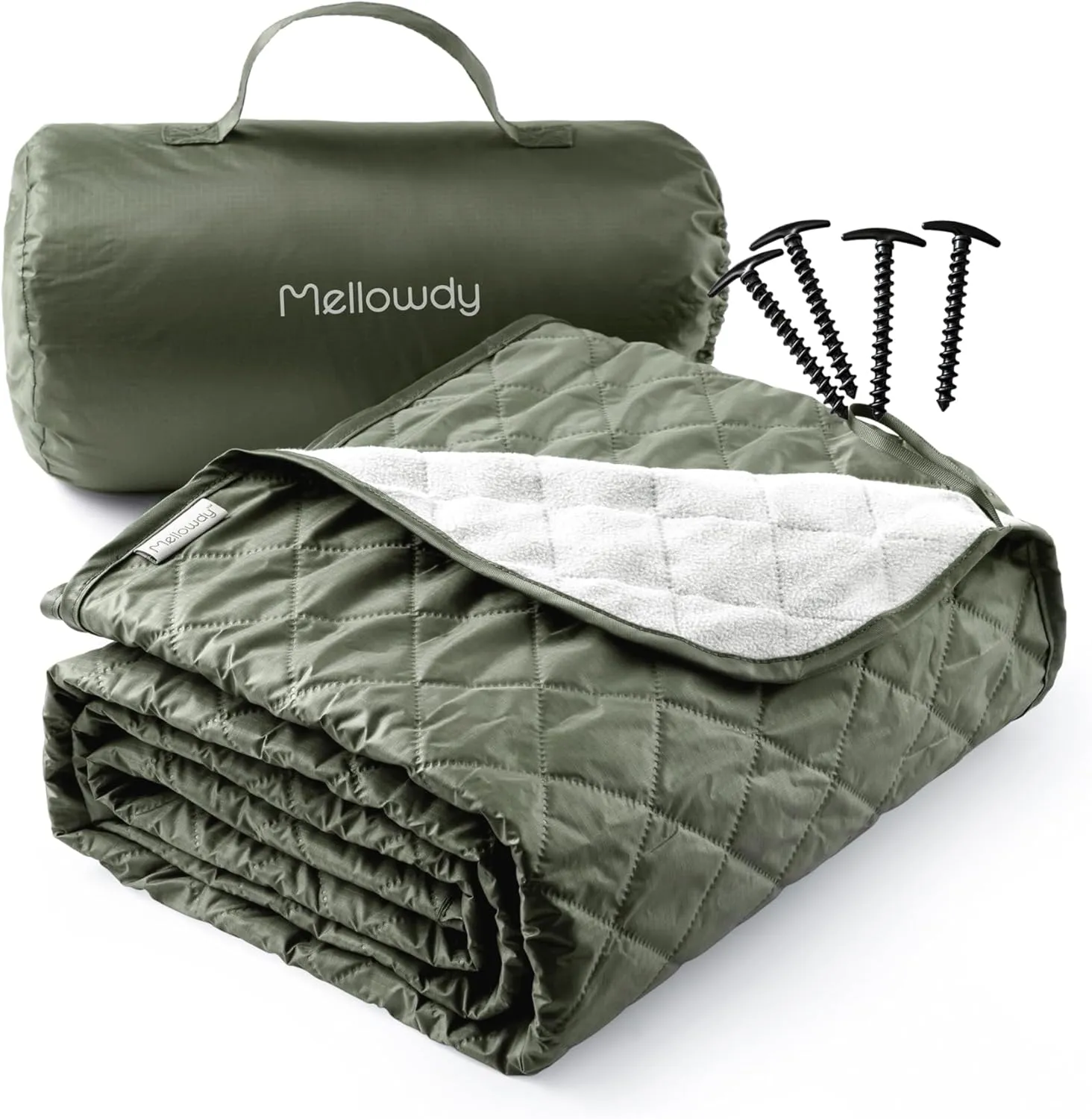 Mellowdy Easy-Carry Outdoor Blanket - Waterproof, Windproof, Warm, Utility Blanket for Camping, Picnic, Stadium, Beach, Gameday, Travel, Foldable with Carrying Bag (Olive Green, 55x80 inch)