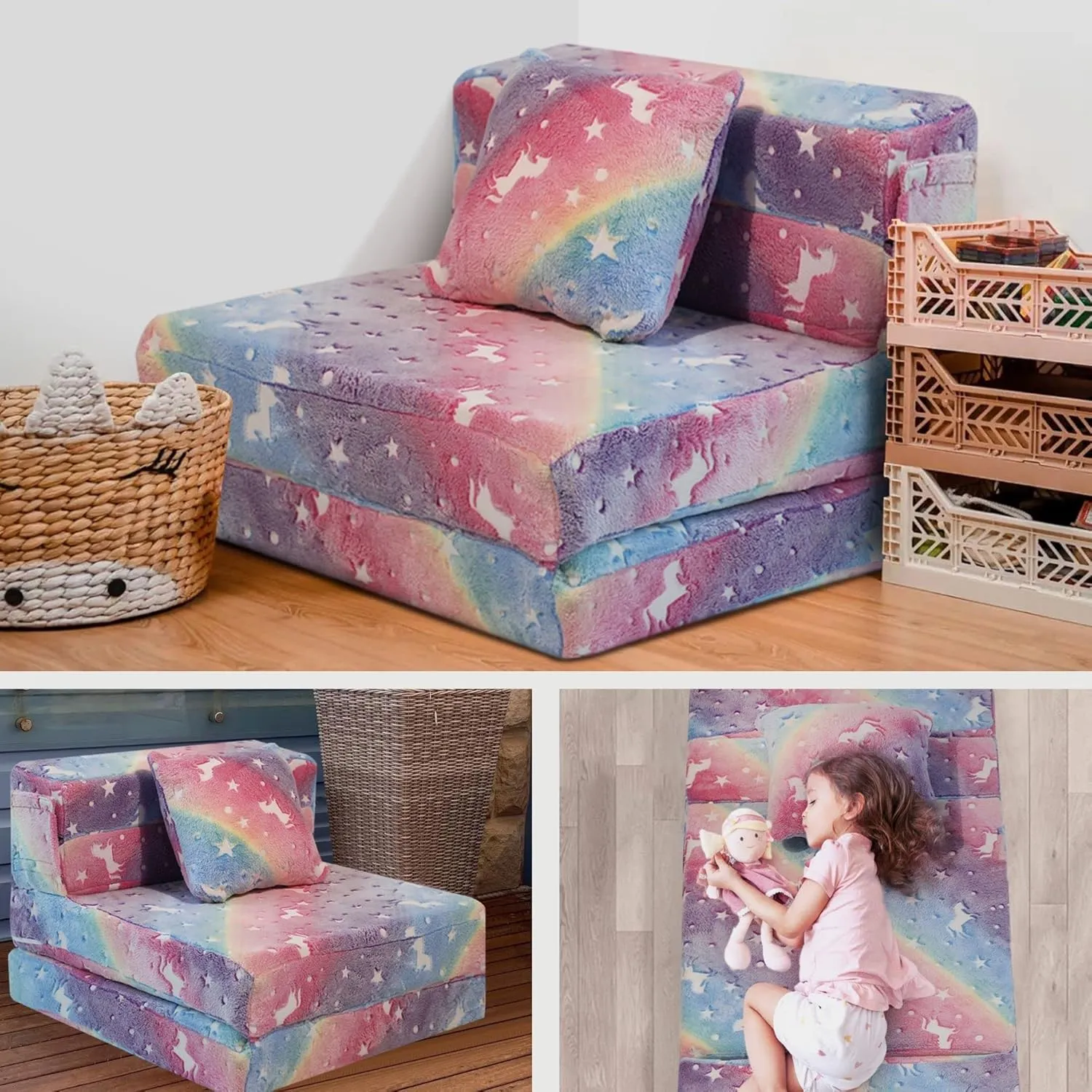 MeMoreCool Glow Rainbow Unicorn Tri-Fold Sofa Bed for Kids, Foldable Futon Mattress, Chair, and Floor Couch for Playroom