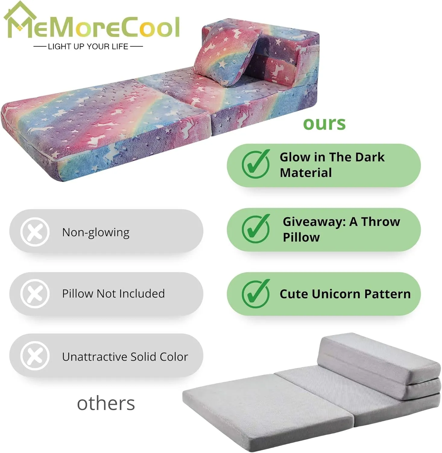 MeMoreCool Glow Rainbow Unicorn Tri-Fold Sofa Bed for Kids, Foldable Futon Mattress, Chair, and Floor Couch for Playroom