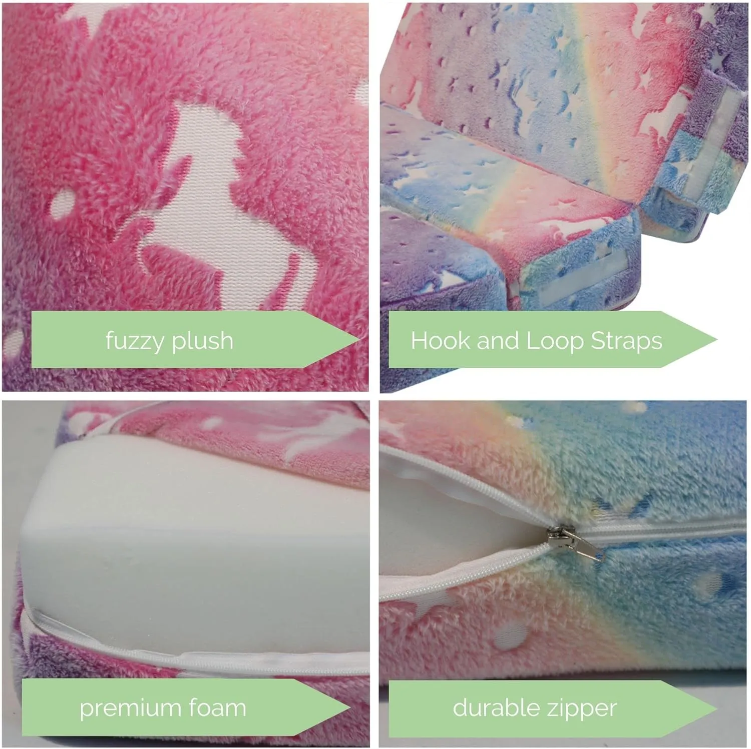 MeMoreCool Glow Rainbow Unicorn Tri-Fold Sofa Bed for Kids, Foldable Futon Mattress, Chair, and Floor Couch for Playroom