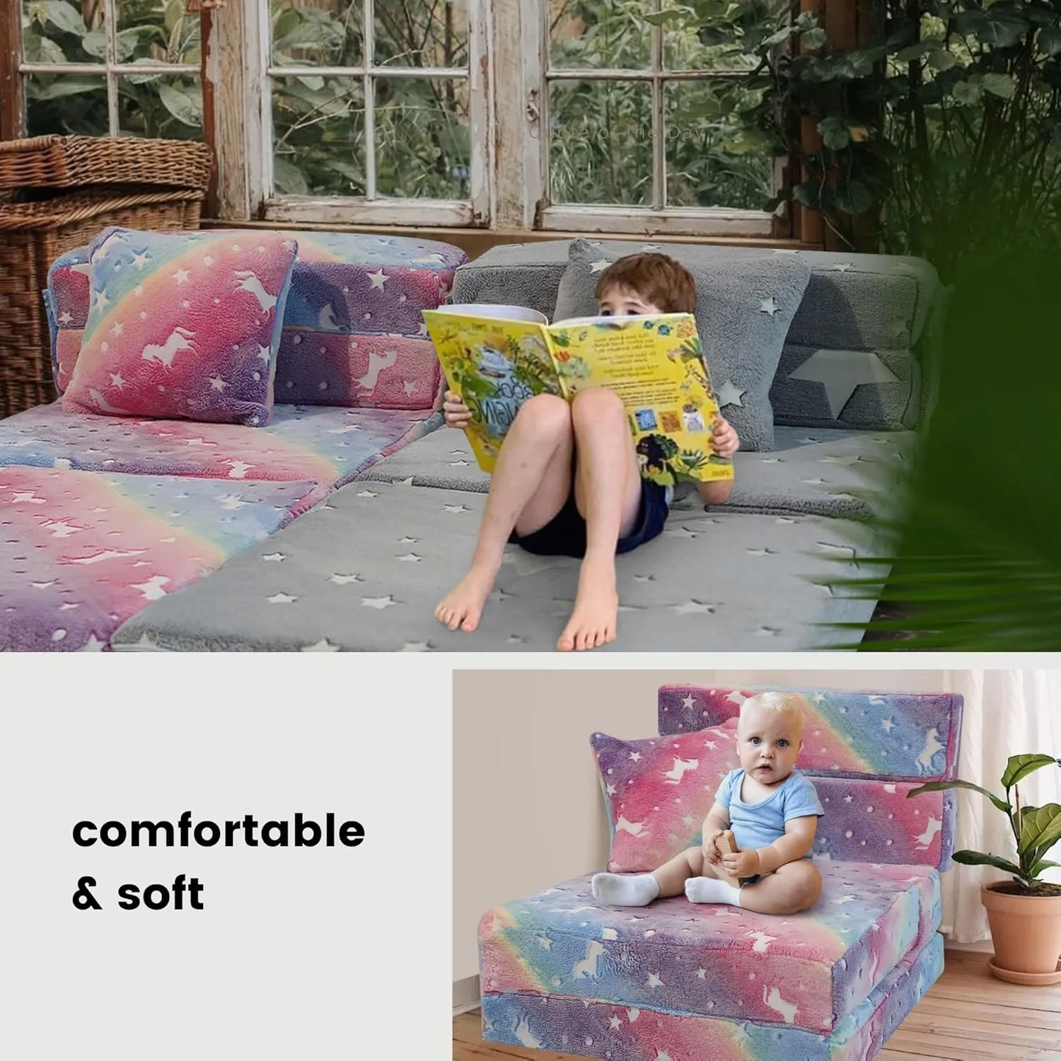 MeMoreCool Glow Rainbow Unicorn Tri-Fold Sofa Bed for Kids, Foldable Futon Mattress, Chair, and Floor Couch for Playroom
