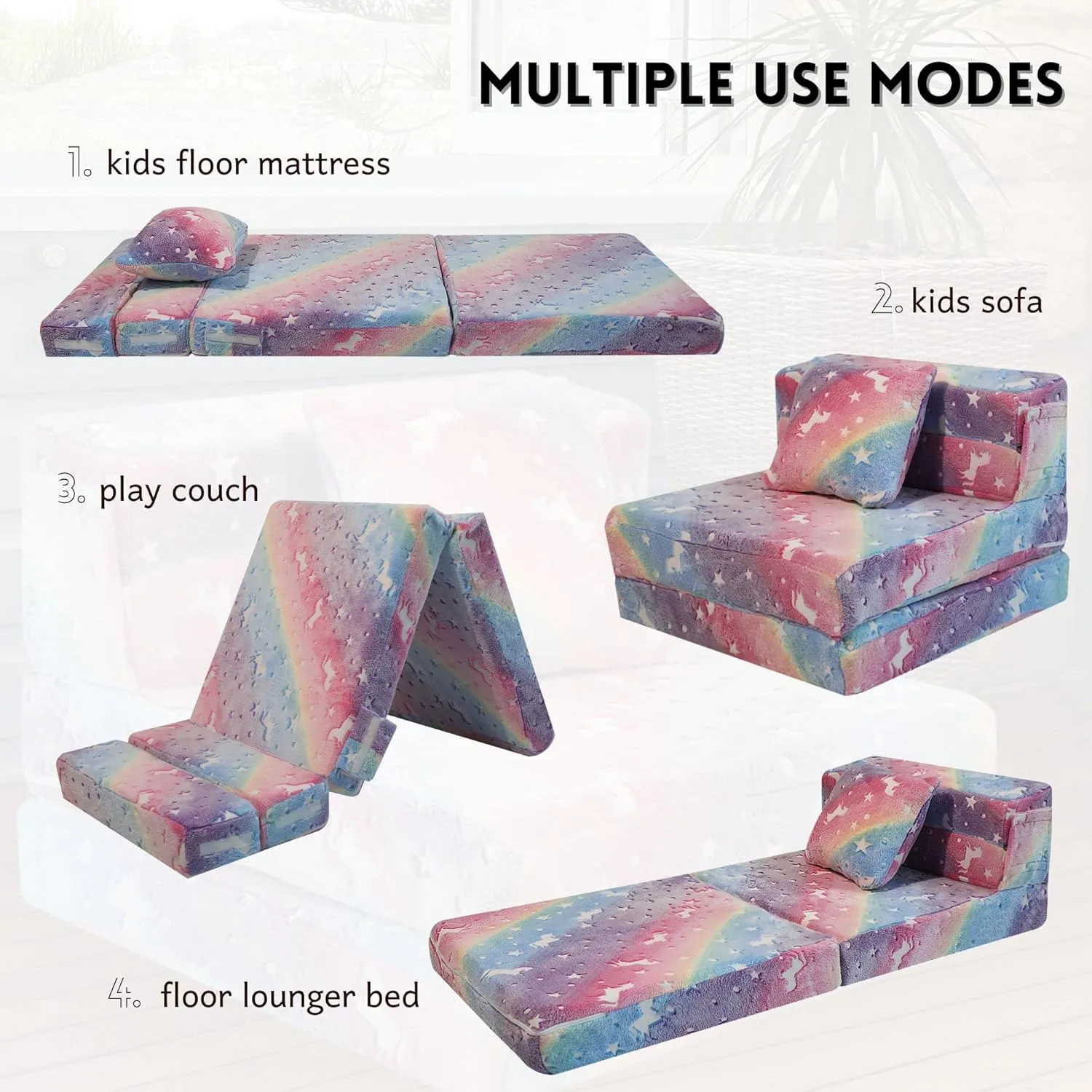 MeMoreCool Glow Rainbow Unicorn Tri-Fold Sofa Bed for Kids, Foldable Futon Mattress, Chair, and Floor Couch for Playroom
