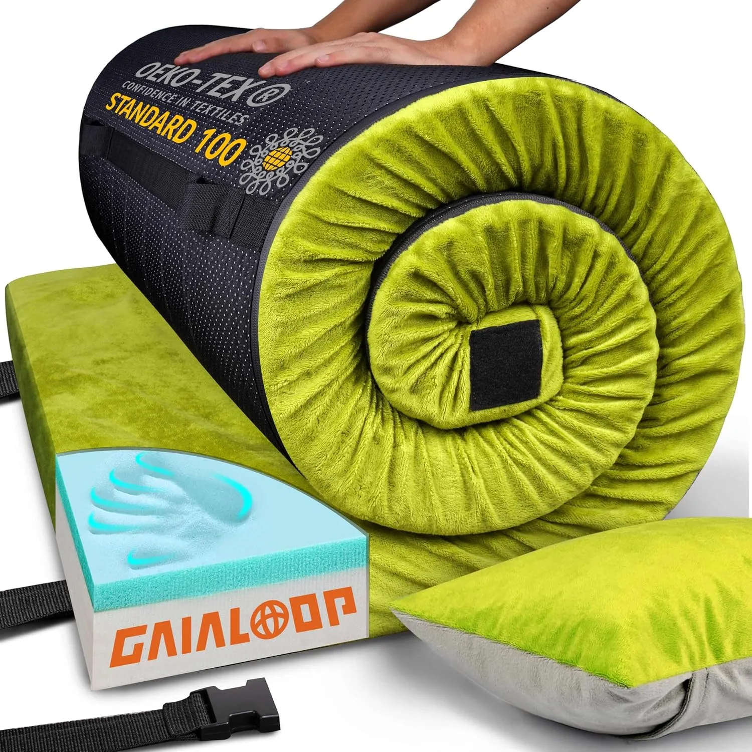 Memory Foam Camping Mattress Ivory White Cot Size and Avocado Green Single Size Bundle