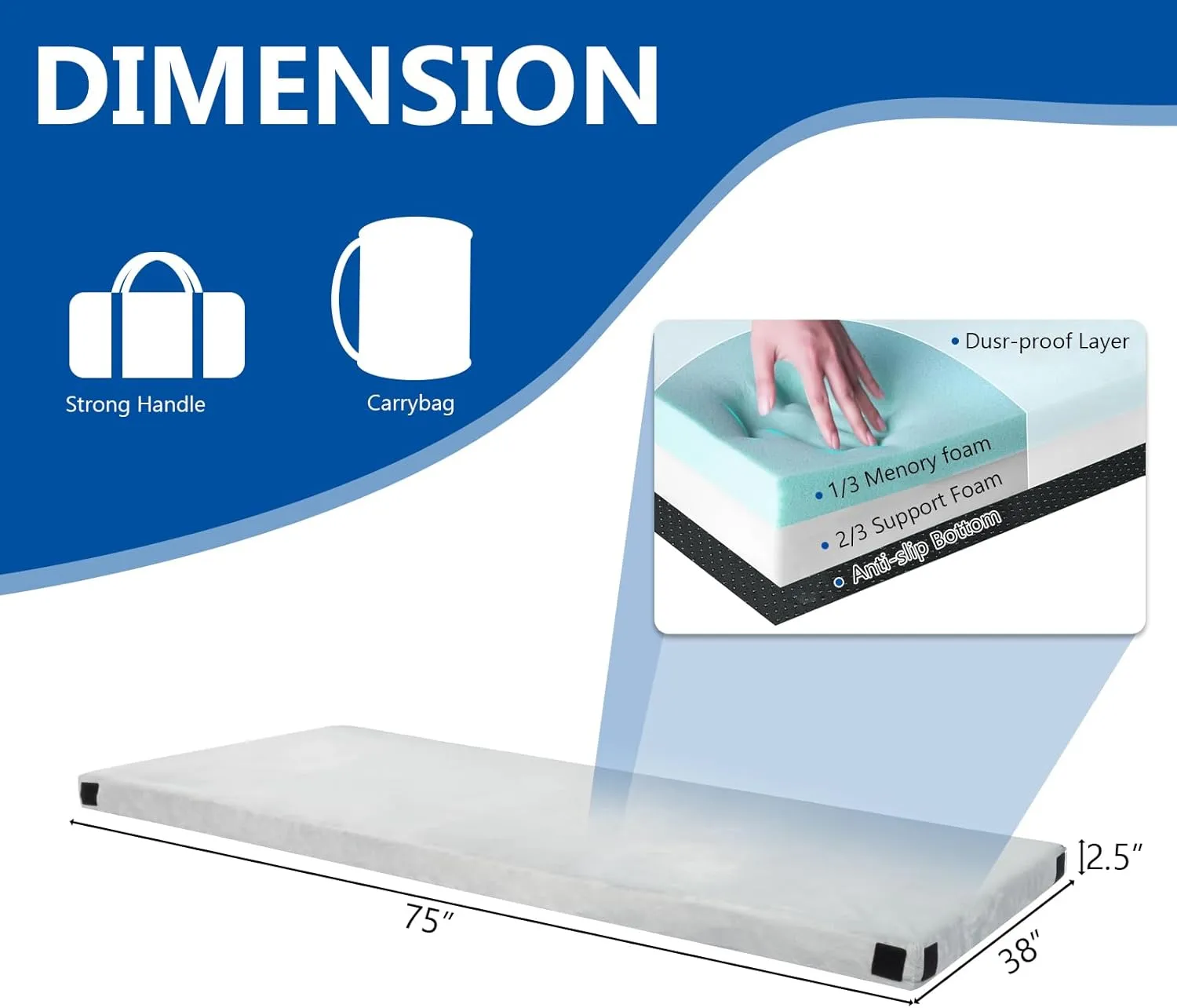 Memory Foam Camping Mattress Pad,Portable Sleeping Pad for Adult,Trifold Roll Up Floor Mattress,Crystal Velvet Cover, Backpacking Travel Bed for Hiking,Guest Bed