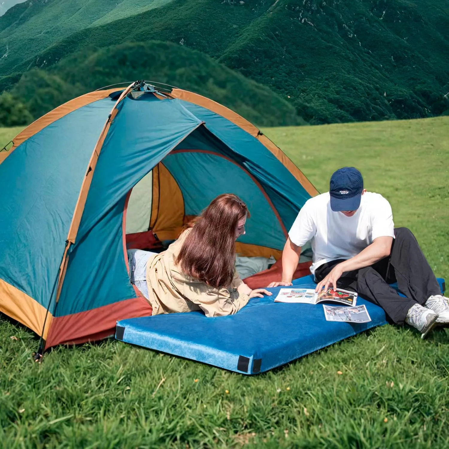 Memory Foam Camping Mattress Sleeping Pad,3 Inch Waterproof Camping Mat to Portable Roll Up Mattress for Floor,Car,Tent Travel,Cot,Soft Thick Sleeping Mat for Kids Adults Camping Sleepover