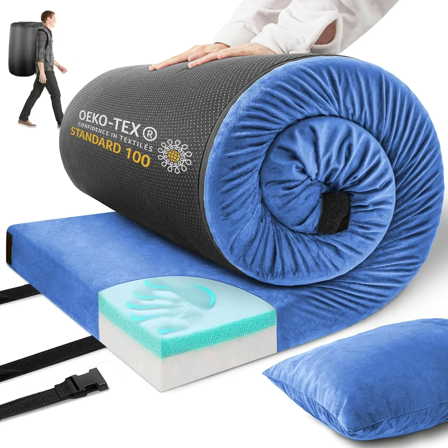 Memory Foam Camping Mattress Sleeping Pad,3 Inch Waterproof Camping Mat to Portable Roll Up Mattress for Floor,Car,Tent Travel,Cot,Soft Thick Sleeping Mat for Kids Adults Camping Sleepover