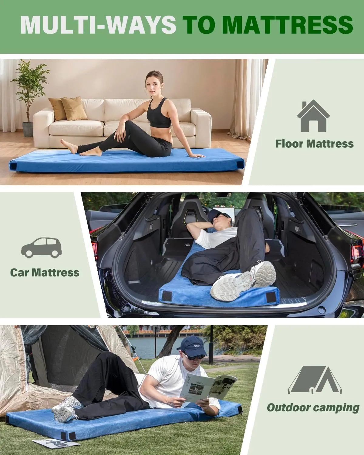 Memory Foam Camping Mattress Sleeping Pad,3 Inch Waterproof Camping Mat to Portable Roll Up Mattress for Floor,Car,Tent Travel,Cot,Soft Thick Sleeping Mat for Kids Adults Camping Sleepover