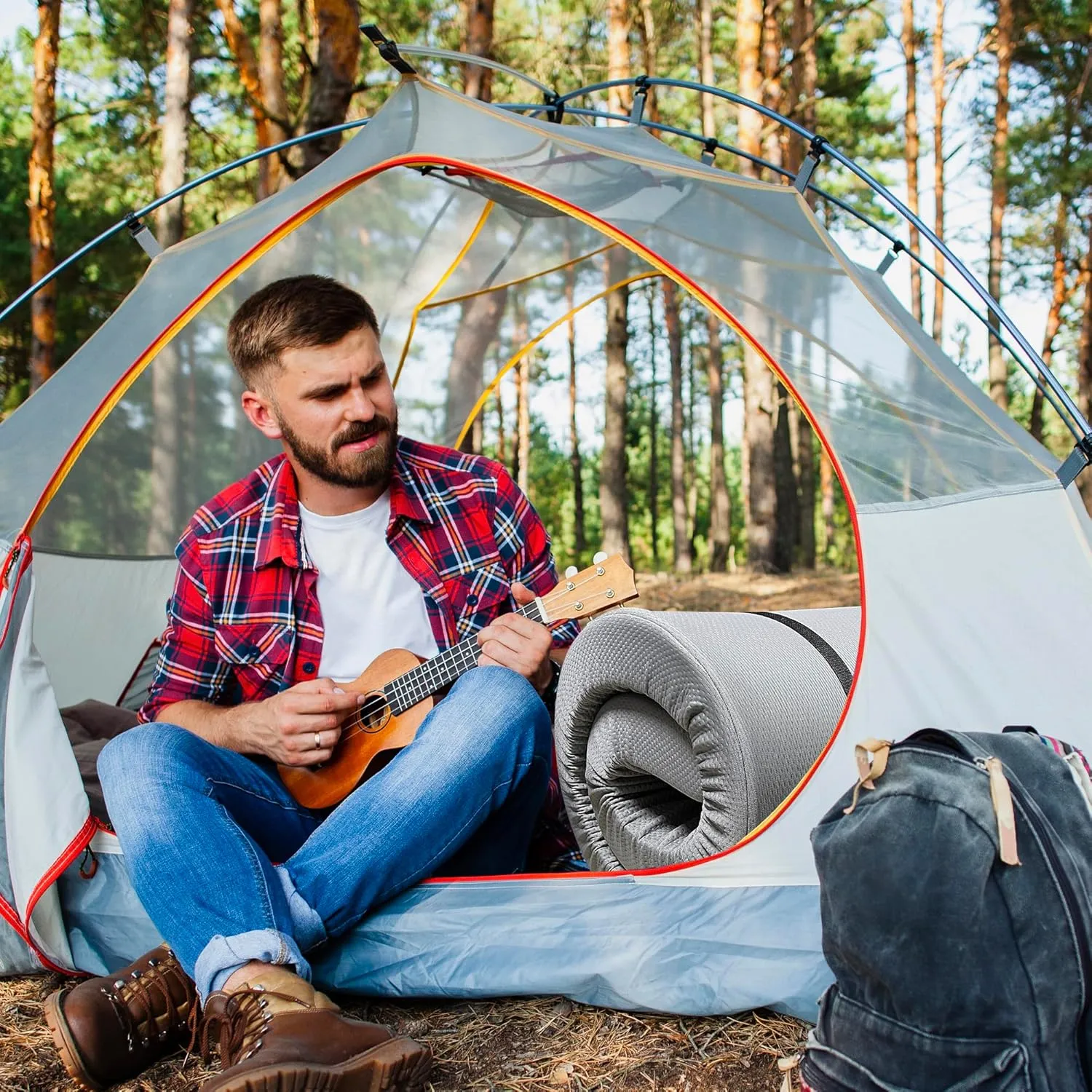 Memory Foam Camping Mattress with Zipper Cover, Roll Up Camping Mattress Pad Mat Foldable and Portable for Camping, RV Bunk, Tent, Guest Bed, Outdoor and Dorm