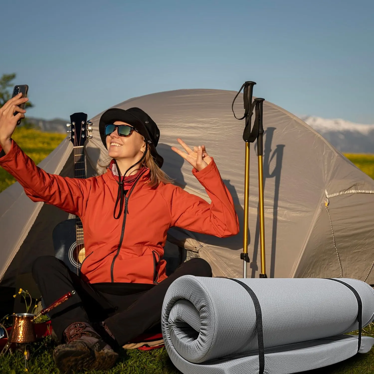 Memory Foam Camping Mattress with Zipper Cover, Roll Up Camping Mattress Pad Mat Foldable and Portable for Camping, RV Bunk, Tent, Guest Bed, Outdoor and Dorm