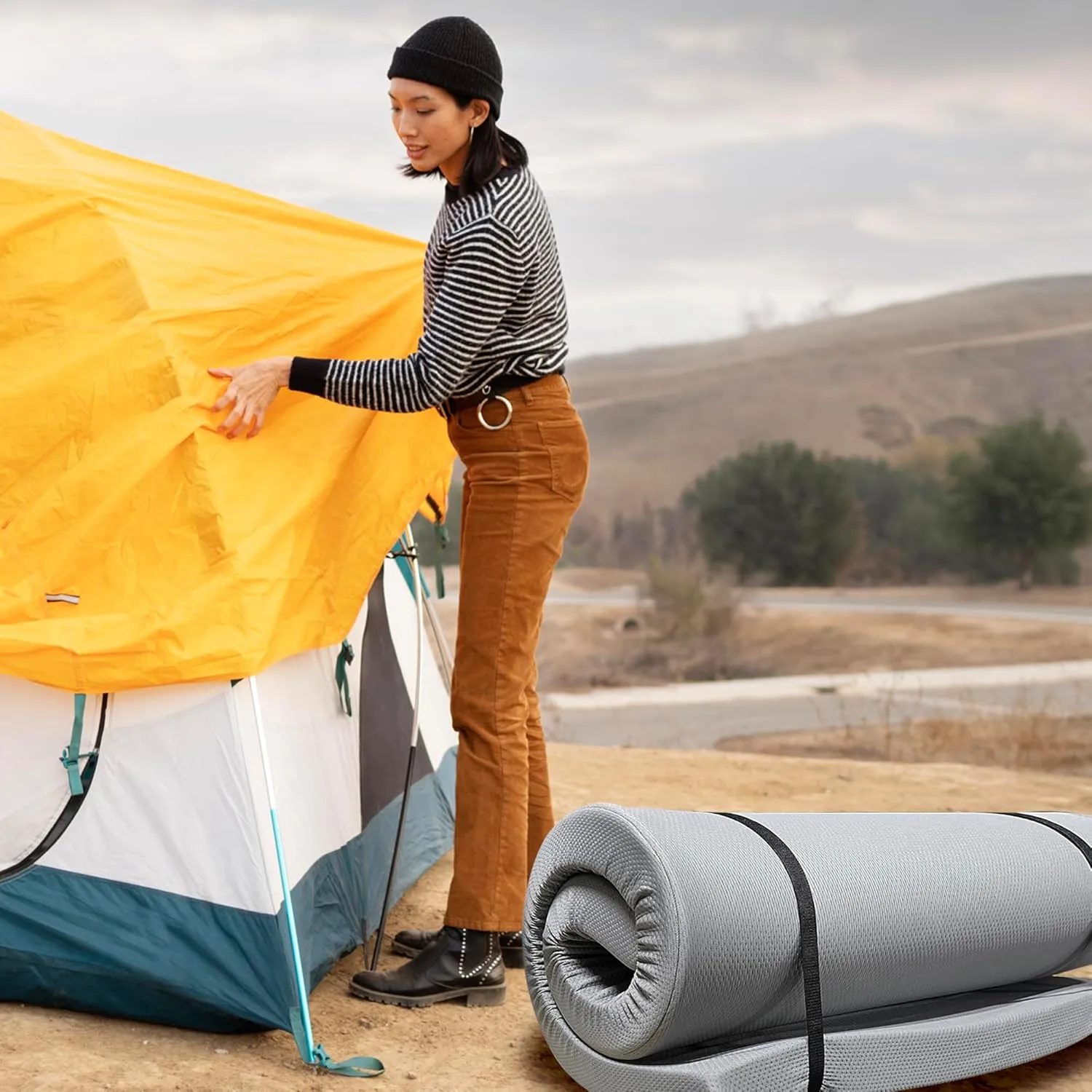 Memory Foam Camping Mattress with Zipper Cover, Roll Up Camping Mattress Pad Mat Foldable and Portable for Camping, RV Bunk, Tent, Guest Bed, Outdoor and Dorm