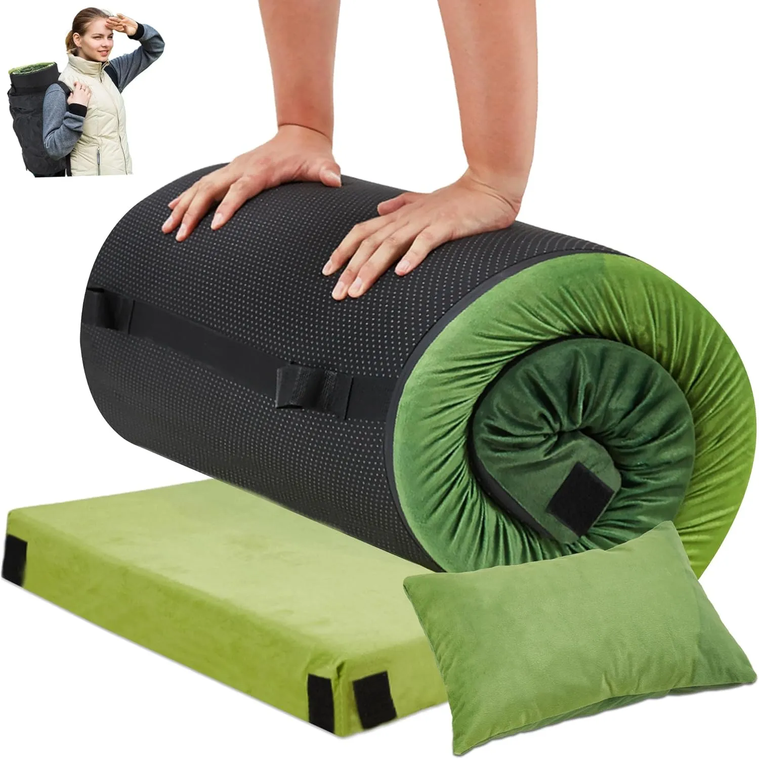 Memory Foam Camping Pad, Thick Foam Sleeping Mats for Camping Portable Roll Up Mattress Waterproof, Floor Foam Sleeping Pad with Pillow, Cot Mattress Bed Mat Sleepover for Adult Guests Kids