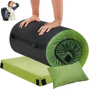 Memory Foam Camping Pad, Thick Foam Sleeping Mats for Camping Portable Roll Up Mattress Waterproof, Floor Foam Sleeping Pad with Pillow, Cot Mattress Bed Mat Sleepover for Adult Guests Kids