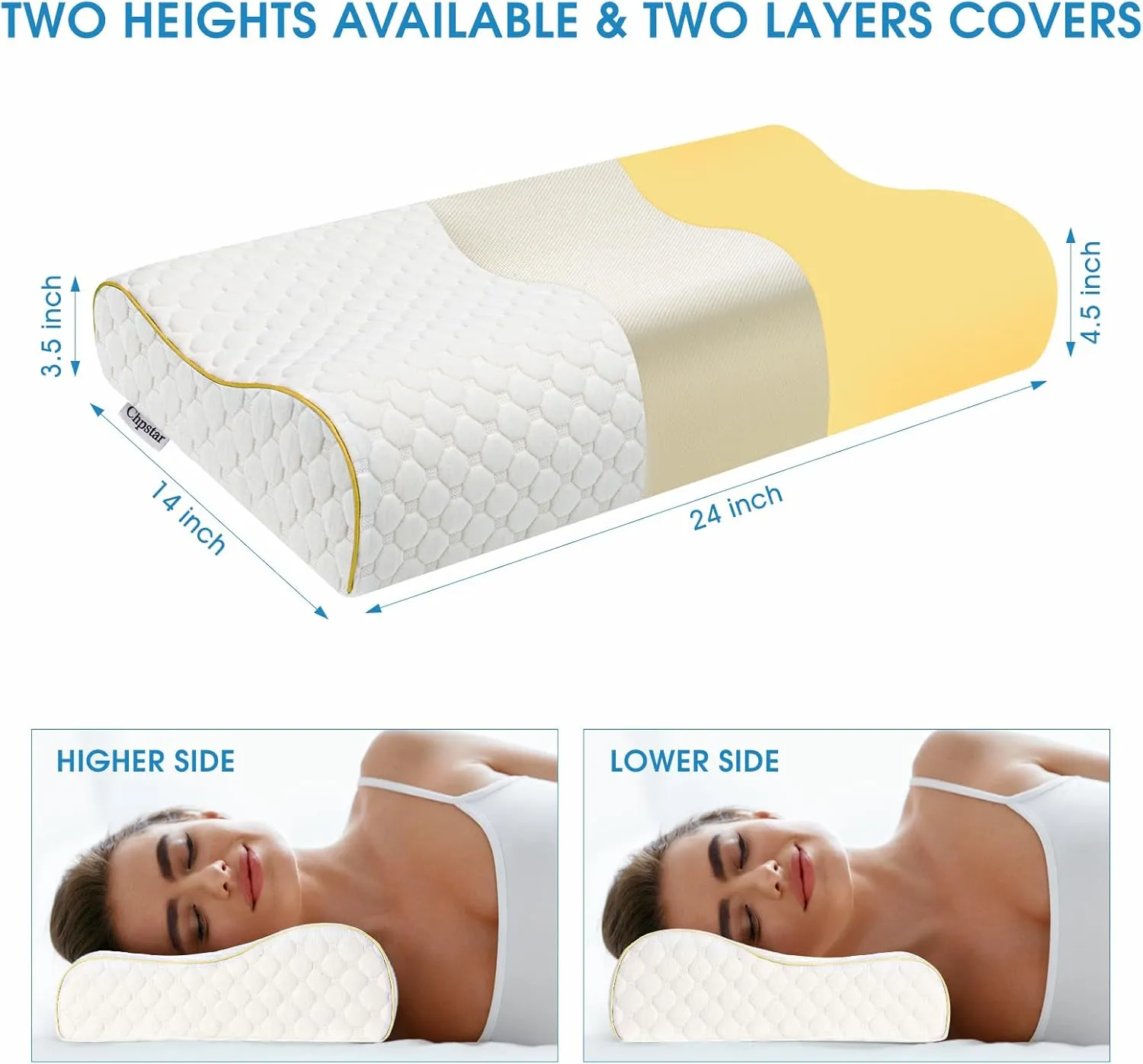 Memory Foam Pillows, Cervical Neck Side Sleeper Pillow, Bed Contour Pillow for Sleeping, Ergonomic Orthopedic Pillow for Back Stomach Sleeper, Queen,Gold