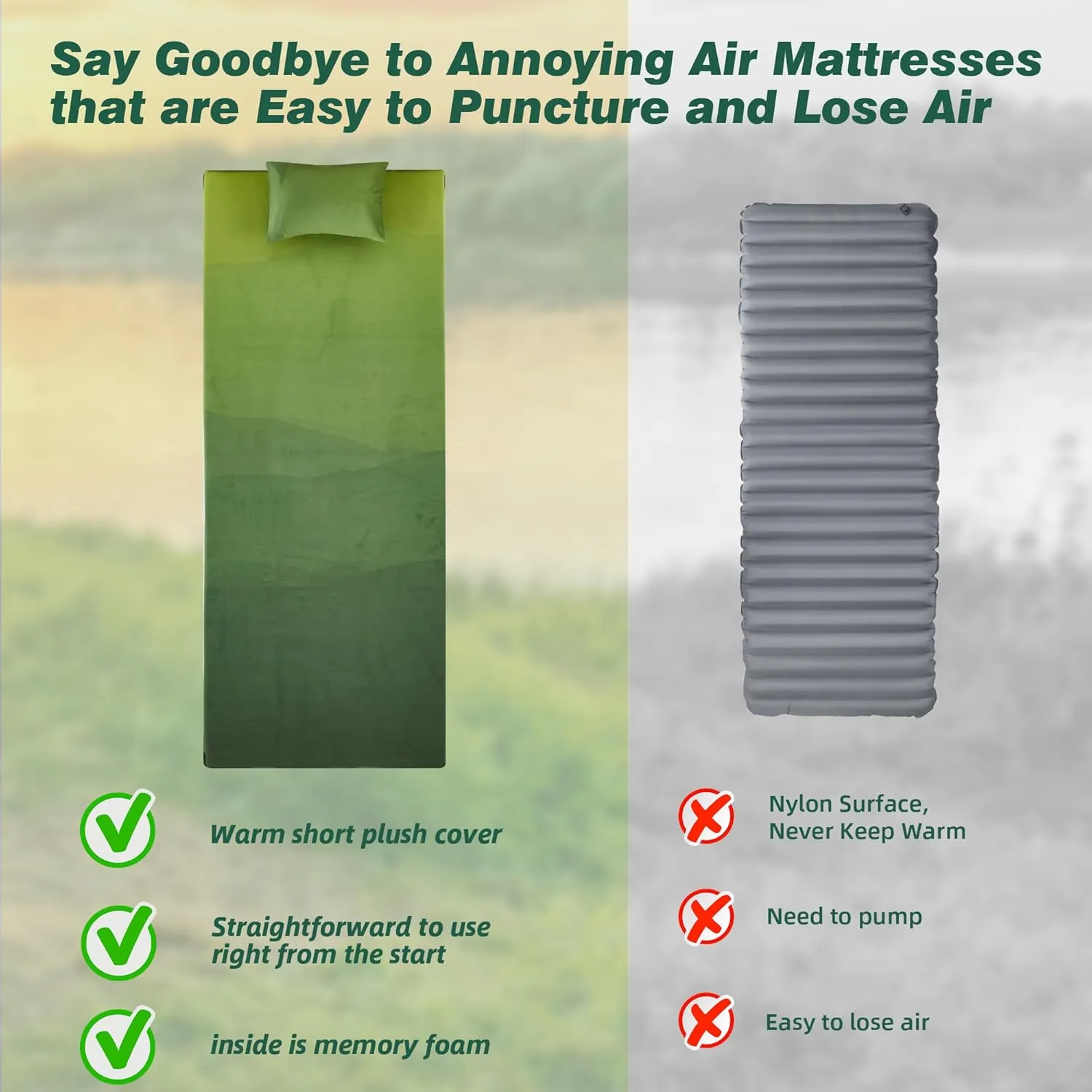 Memory Foam Sleeping Pad, Portable Mattress for Adult, Camping Mattress Pad with Pillow & Travel Bag, Camping Foam Sleeping Pad with Waterproof Cover for Guests Adult Sleepover Outdoor Travel