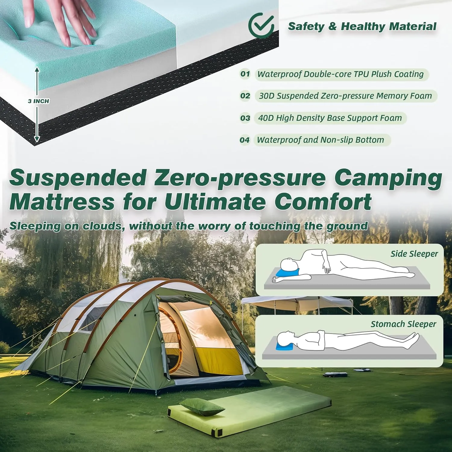 Memory Foam Sleeping Pad, Portable Mattress for Adult, Camping Mattress Pad with Pillow & Travel Bag, Camping Foam Sleeping Pad with Waterproof Cover for Guests Adult Sleepover Outdoor Travel