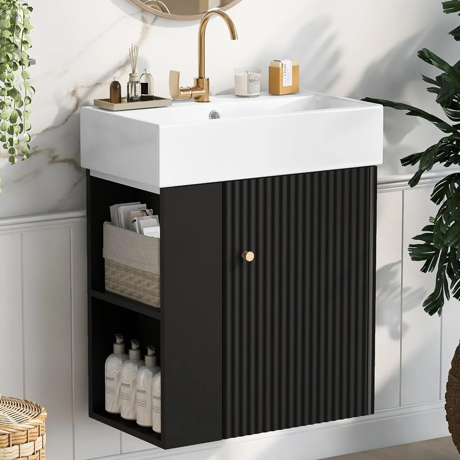 Merax 20” Bathroom Vanity Sink Combo, Wall Mounted Cabinet Sink Set with Ceramic Basin for Small Space, Undermount Sink Cabinet, Black