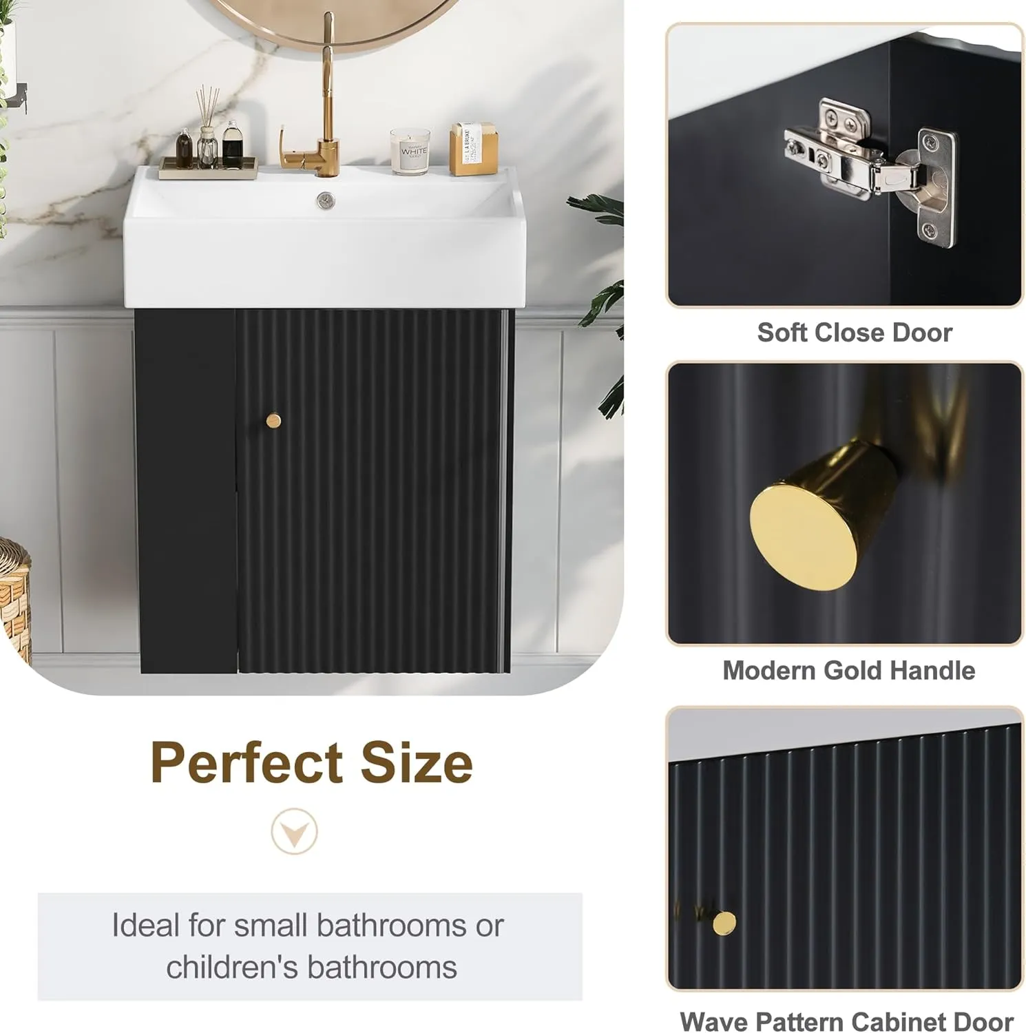 Merax 20” Bathroom Vanity Sink Combo, Wall Mounted Cabinet Sink Set with Ceramic Basin for Small Space, Undermount Sink Cabinet, Black