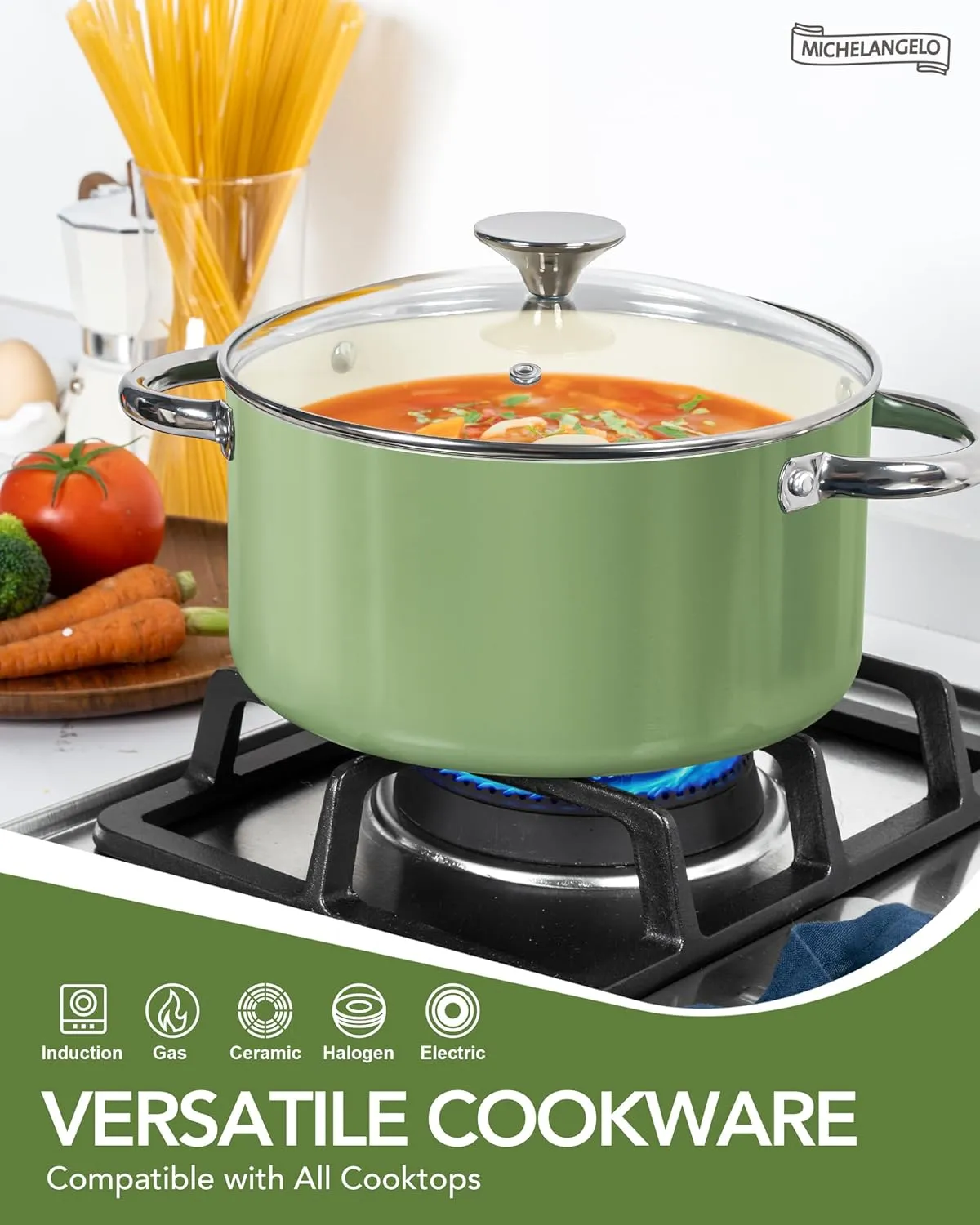MICHELANGELO Pots and Pans Set - Nonstick Ceramic Cookware Set, 8-Piece Healthy Cooking Set, Non-Toxic, Oven Safe & Compatible with All Stovetops - Green
