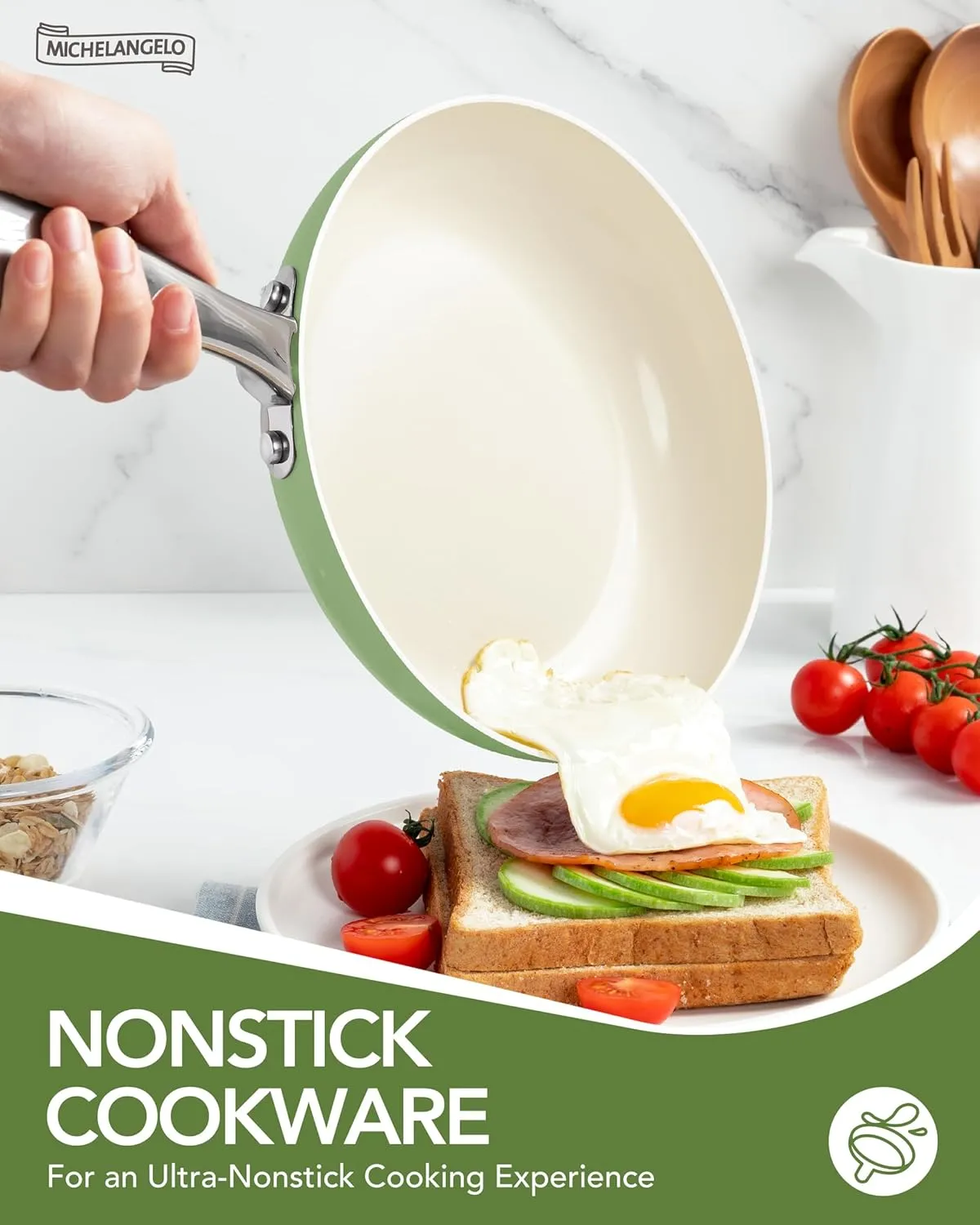 MICHELANGELO Pots and Pans Set - Nonstick Ceramic Cookware Set, 8-Piece Healthy Cooking Set, Non-Toxic, Oven Safe & Compatible with All Stovetops - Green