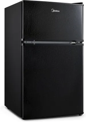Midea WHD-113FB1 Double Door Mini Fridge with Freezer for Bedroom Office or Dorm with Adjustable Remove Glass Shelves Compact Refrigerator, 3.1 cu ft, Black