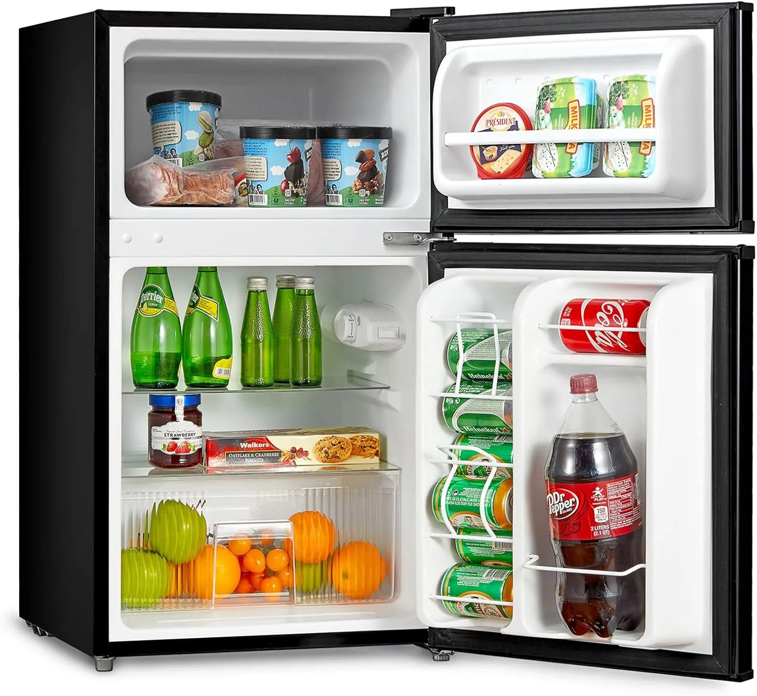 Midea WHD-113FB1 Double Door Mini Fridge with Freezer for Bedroom Office or Dorm with Adjustable Remove Glass Shelves Compact Refrigerator, 3.1 cu ft, Black